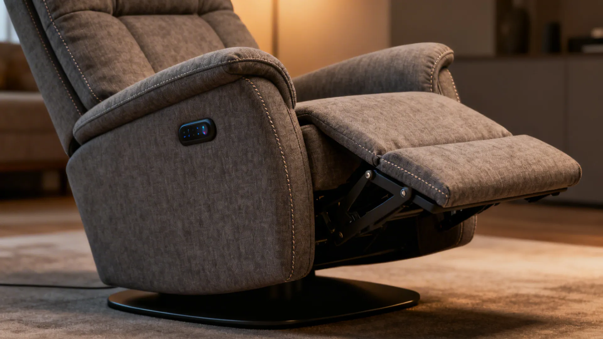 Compact modern fabric recliner with visible power control in a living room setting