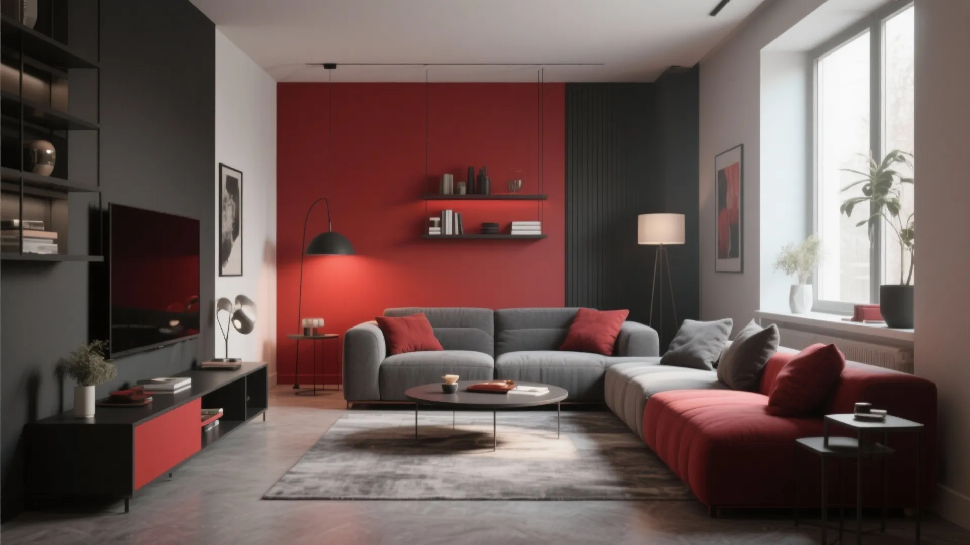 Modern living room with red wall, gray sofa, black cabinet, coffee table, and large window