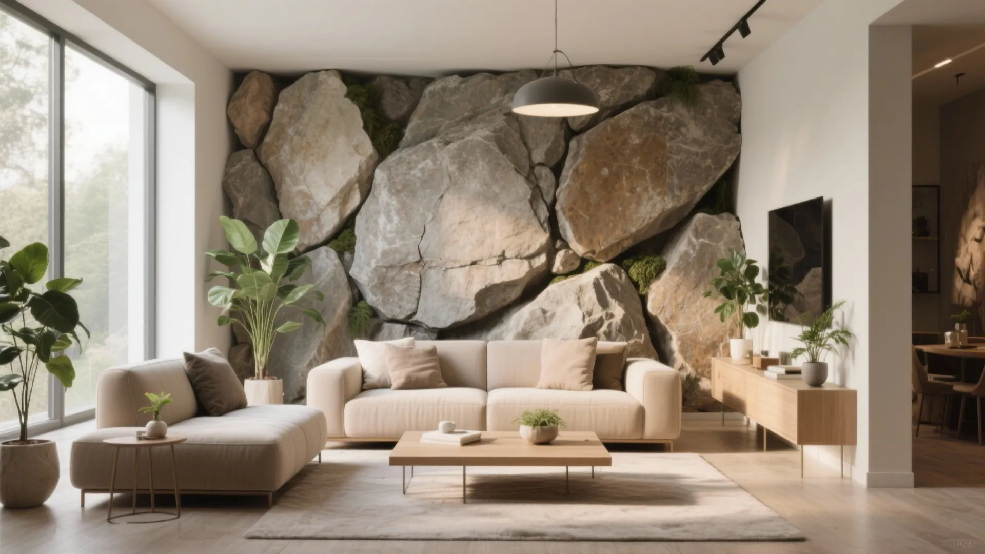 Bright modern living room showcasing a massive stone accent wall behind a white fabric sofa