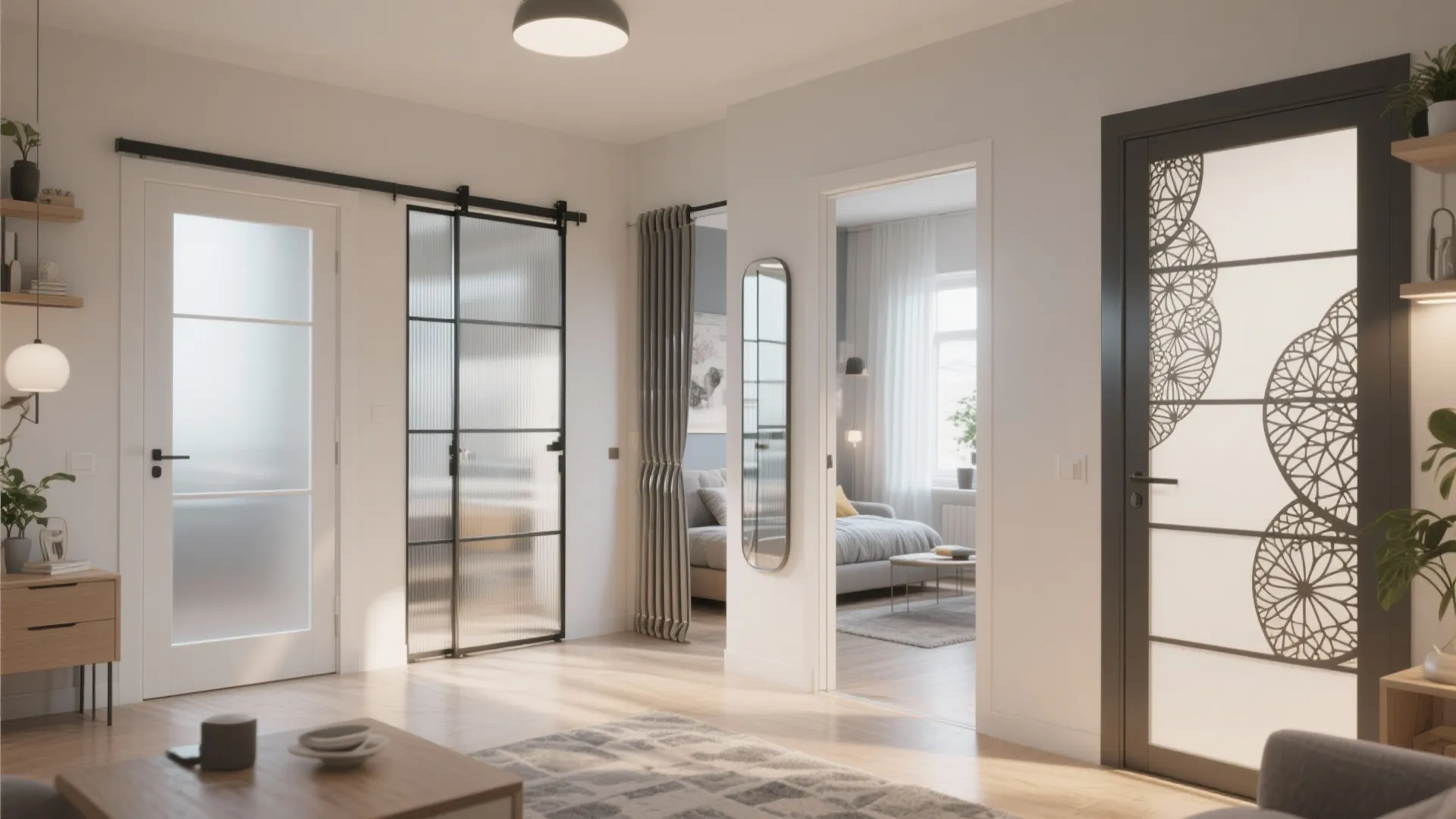 Modern apartment interior featuring black frame glass sliding doors and white walls with wooden flooring