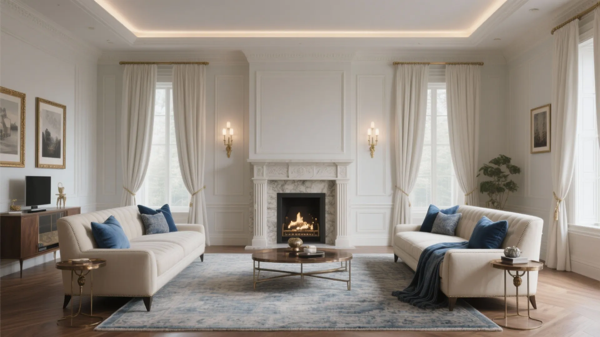 Elegant white living room with marble fireplace blue pillows white sofas round table and curtains