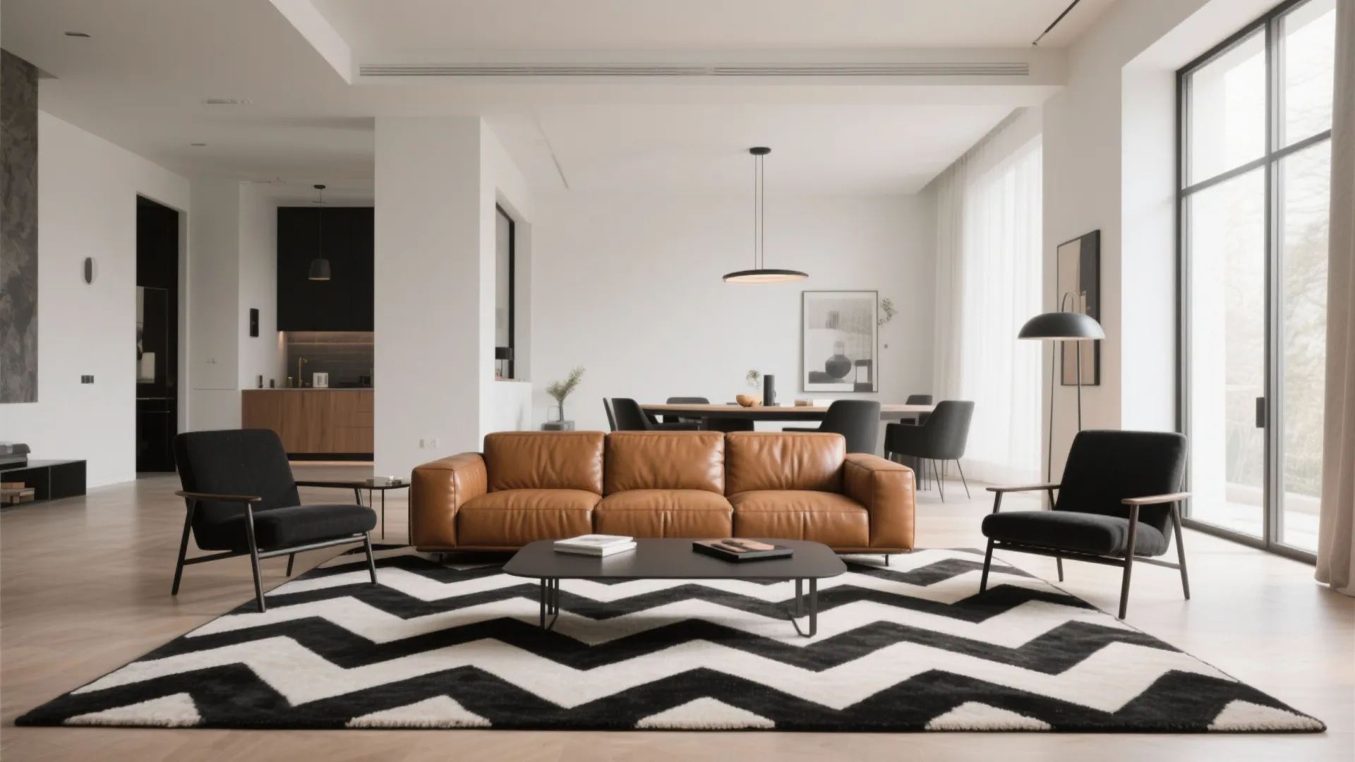 Tan sofa on bold monochrome modern rug with black chairs