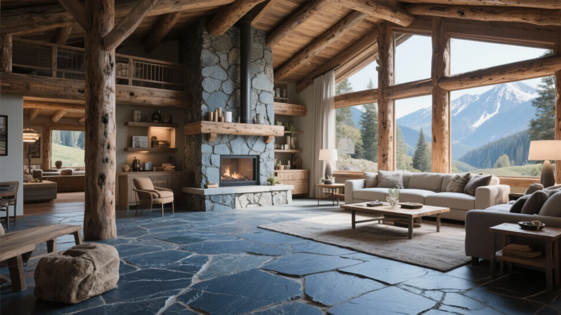 Rustic living room with stone fireplace wooden beams large windows mountain view and comfortable beige sofa