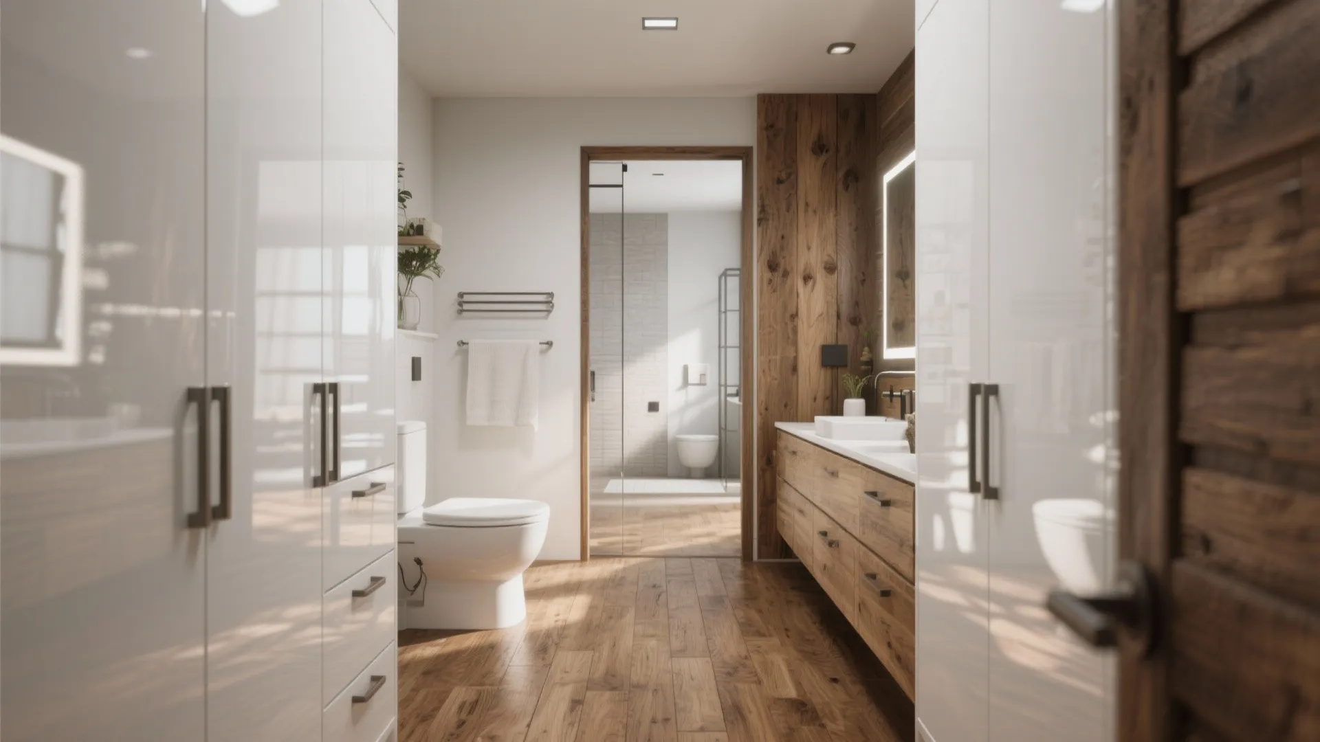 5. Modern Rustic: Gloss White Cabinets + Oak Grain Flooring