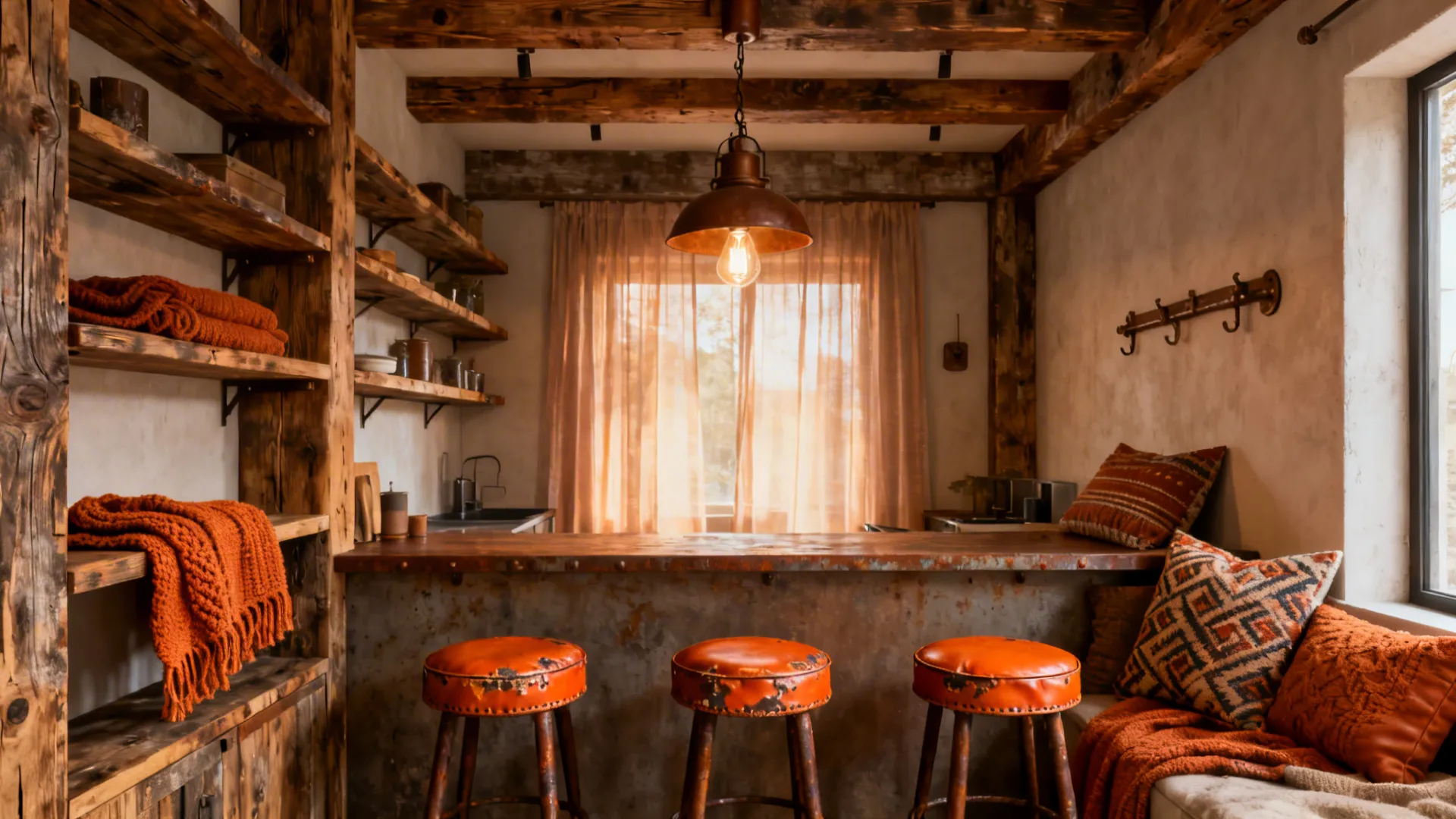 Modern rustic space with reclaimed wood, matte brown metal and orange leather stools.