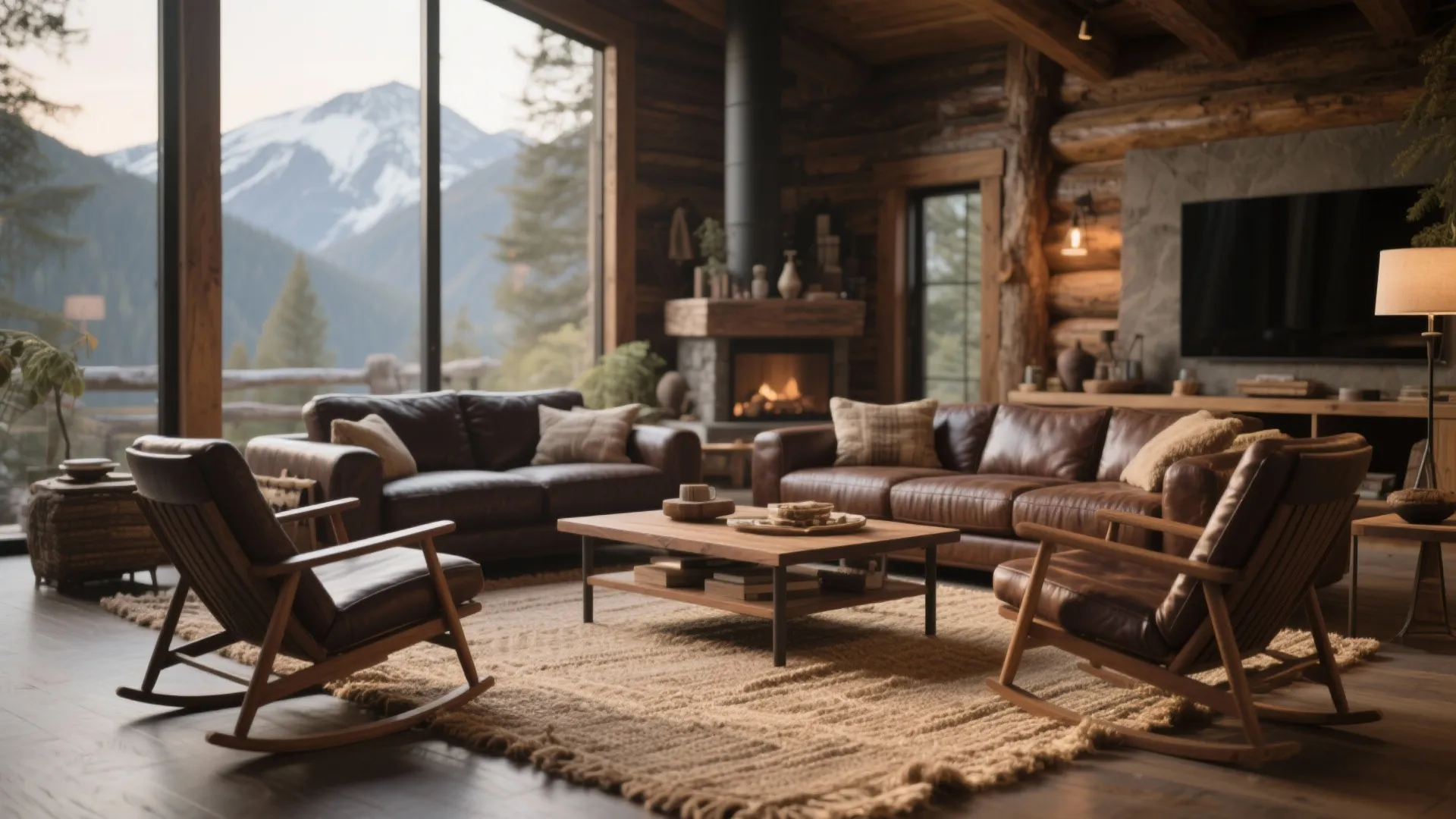 Modern rustic style living room with dark walnut furniture