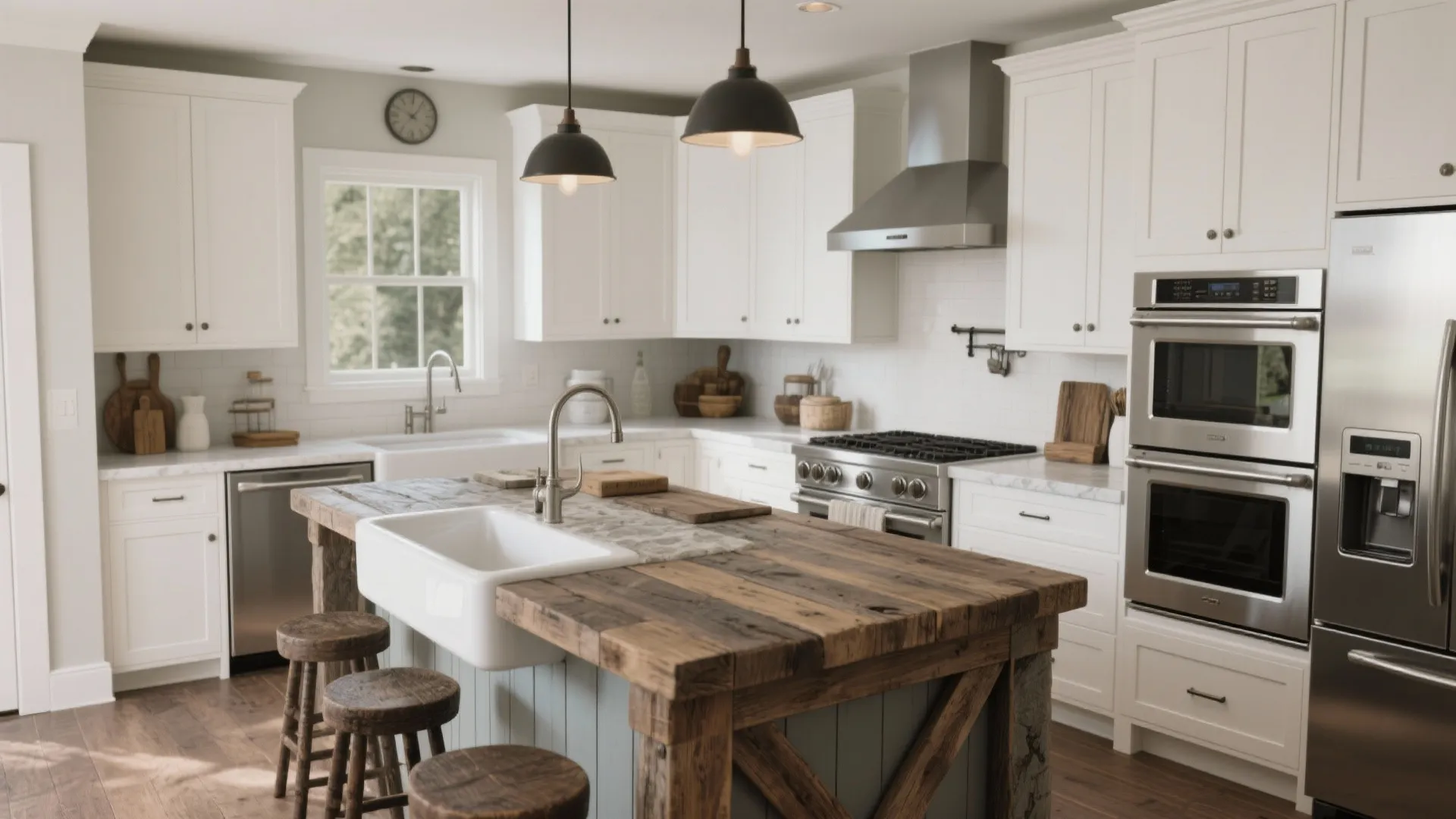Sleek cabinets with rustic wood island in neutral tones