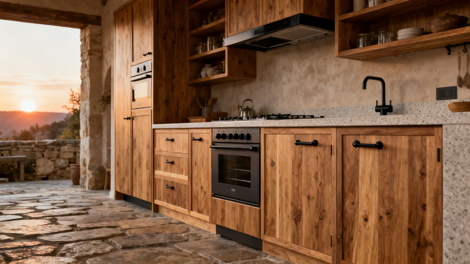 Modern rustic kitchen with oak slab doors, stone floor, and light stone worktop under warm daylight.