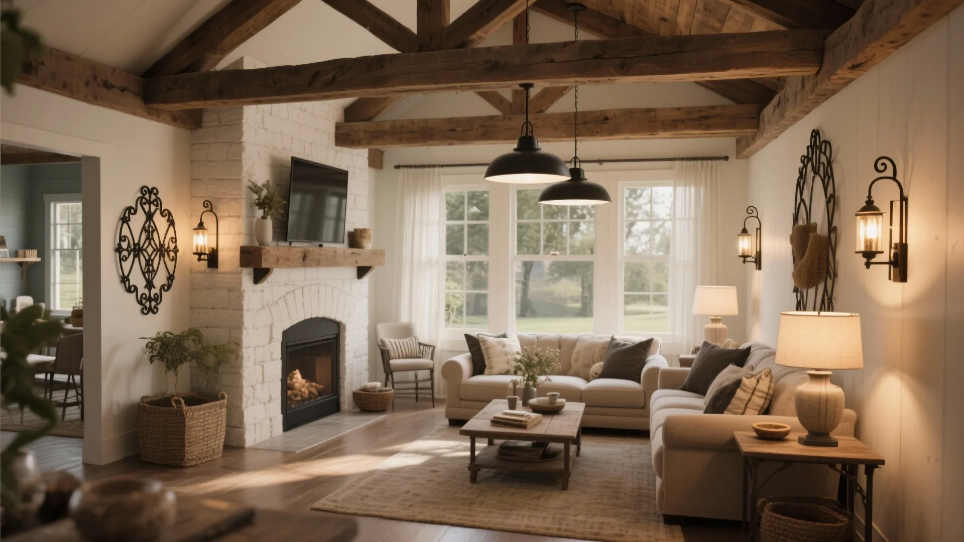 Rustic living room with wood beams fireplace black ceiling lights beige sofa and large windows