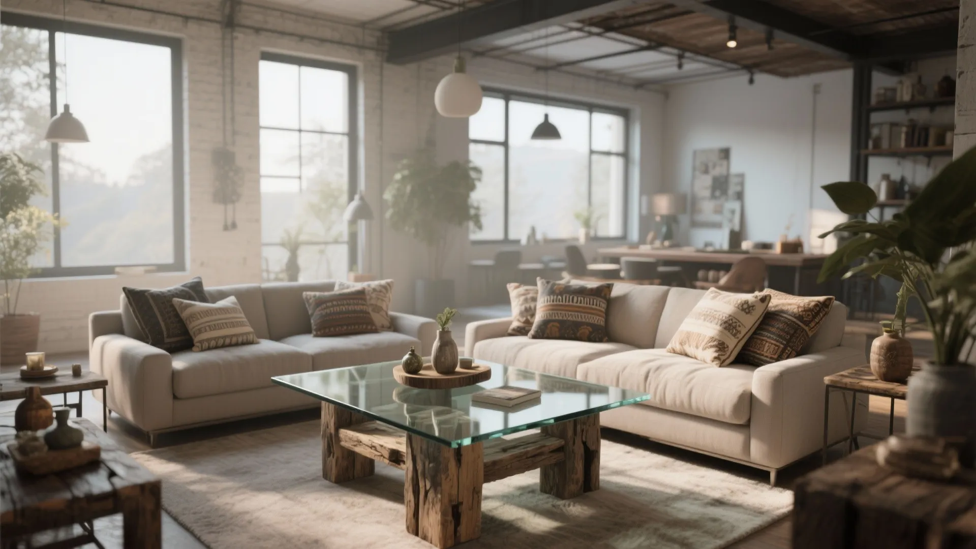 Living room with modern glass table and rustic wood accents