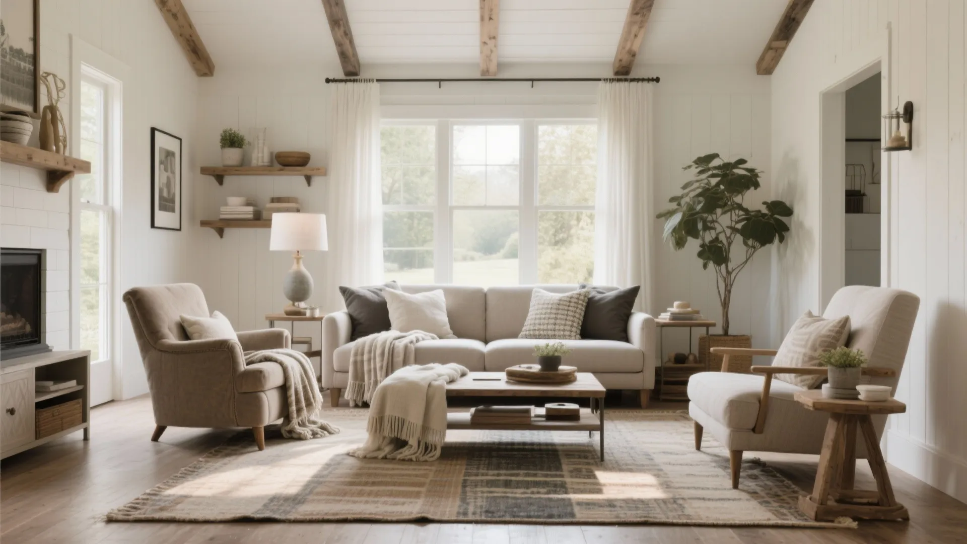 Modern farmhouse living room with exposed wood ceiling beams plus white sofa and plaid rug