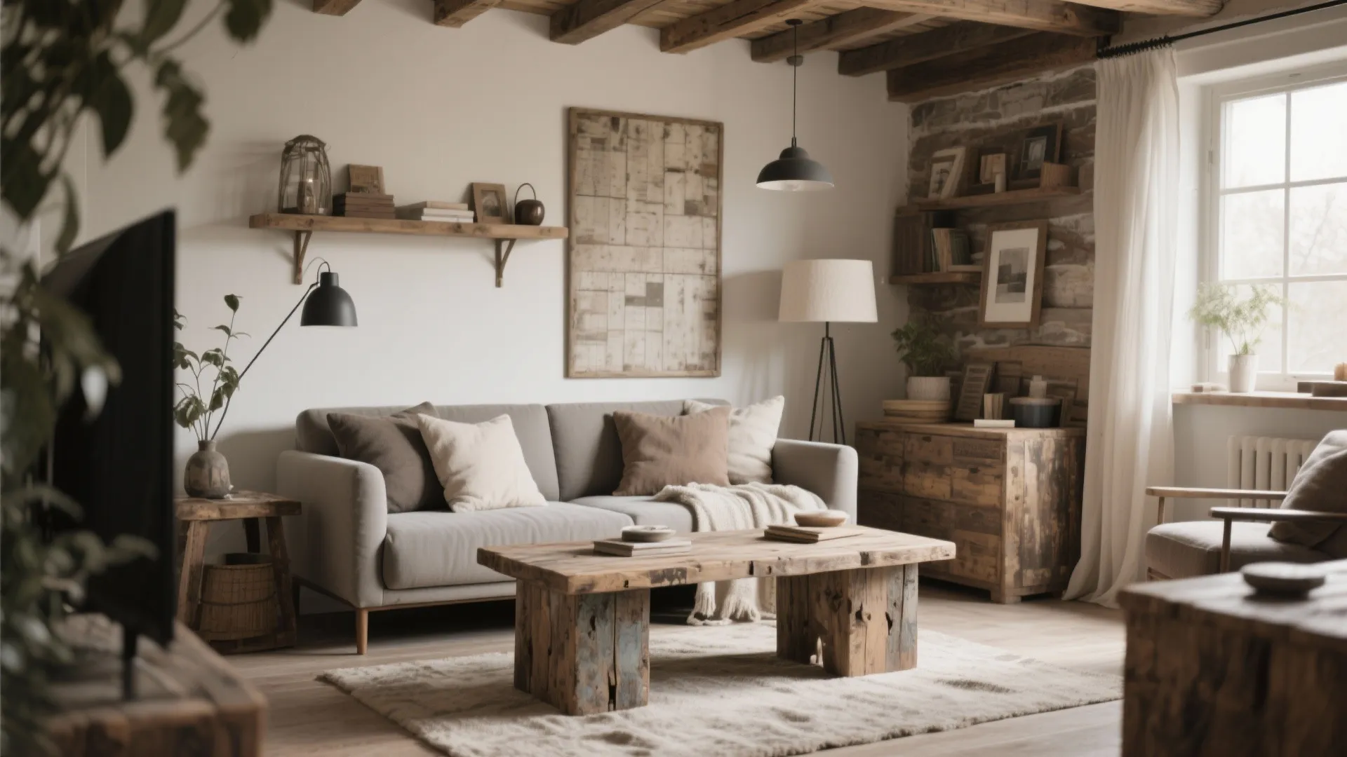 Modern rustic living room featuring grey sofa wood coffee table stone wall and black ceiling light