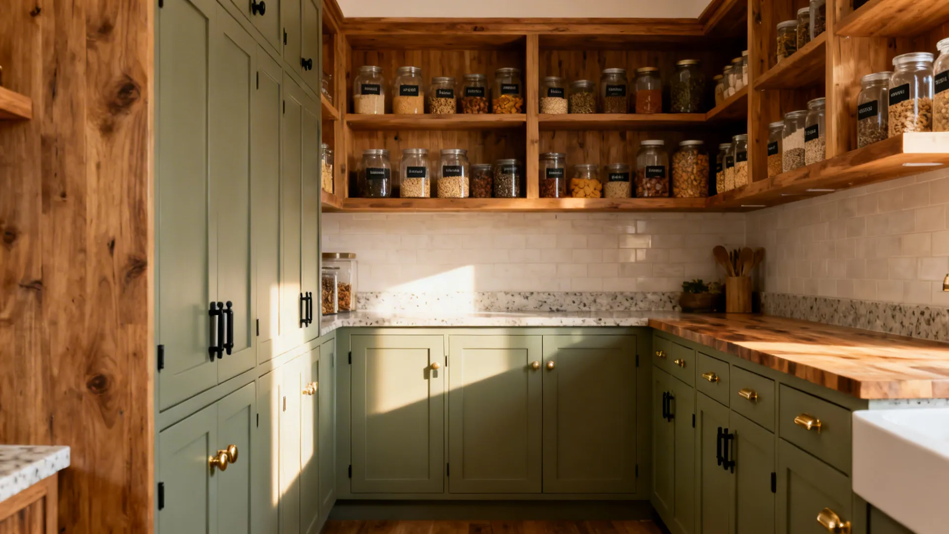 Rustic kitchen pantry featuring olive green cabinets wooden shelves glass storage jars and marble counter top