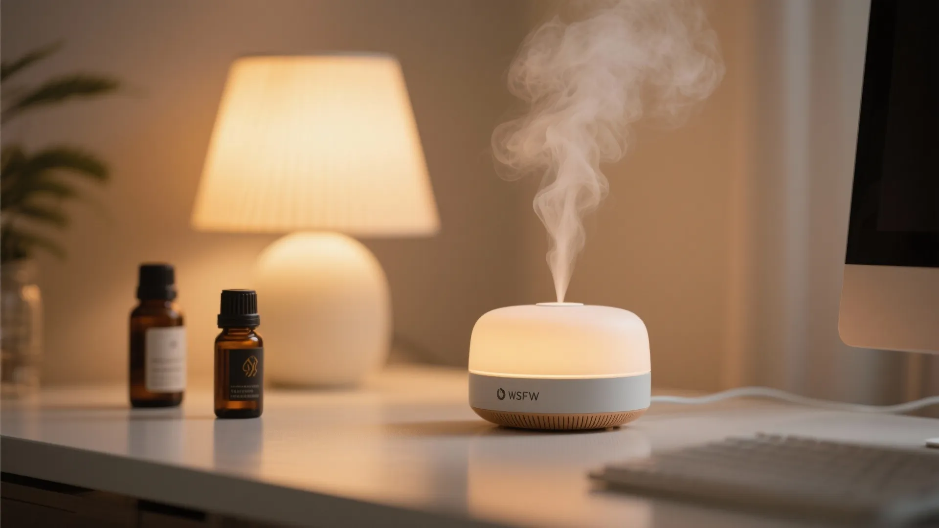 White electric scent diffuser emitting steam on a desk beside small bottles and a lamp