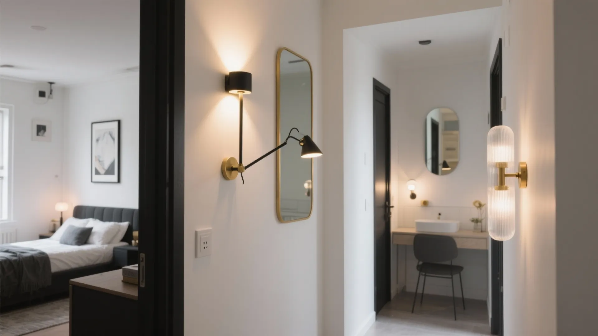 Modern white hallway featuring a wall light near a mirror leading into a cozy bedroom