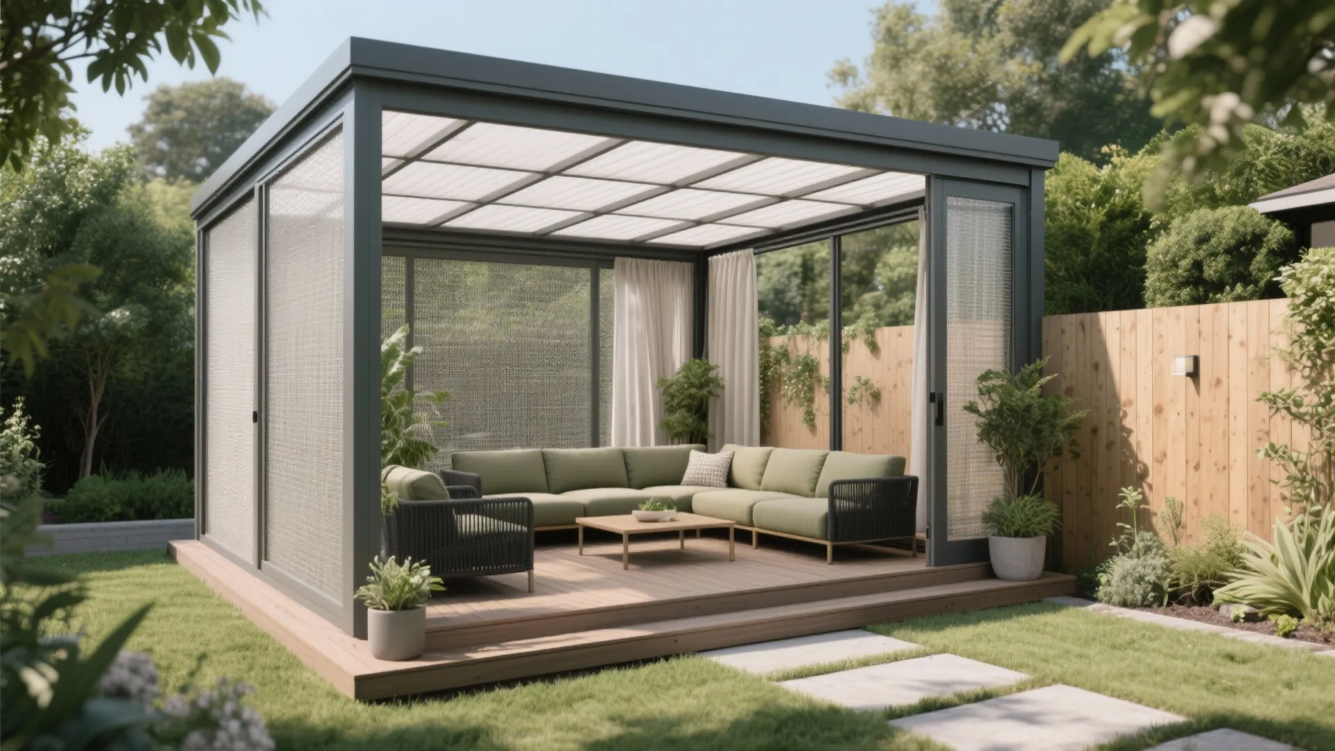 Modern sunroom with grey frame, green sofa, wooden deck, white curtains and garden with trees