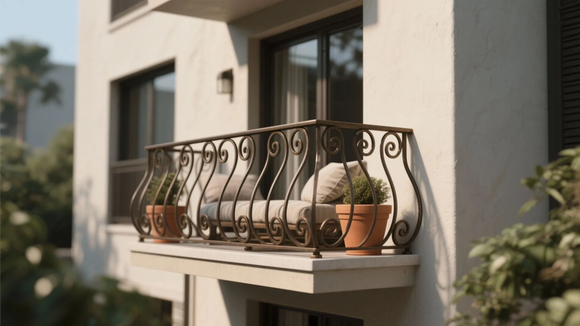 Modern balcony with simplified wrought iron S-curve scrollwork in satin dark bronze and terracotta accents.