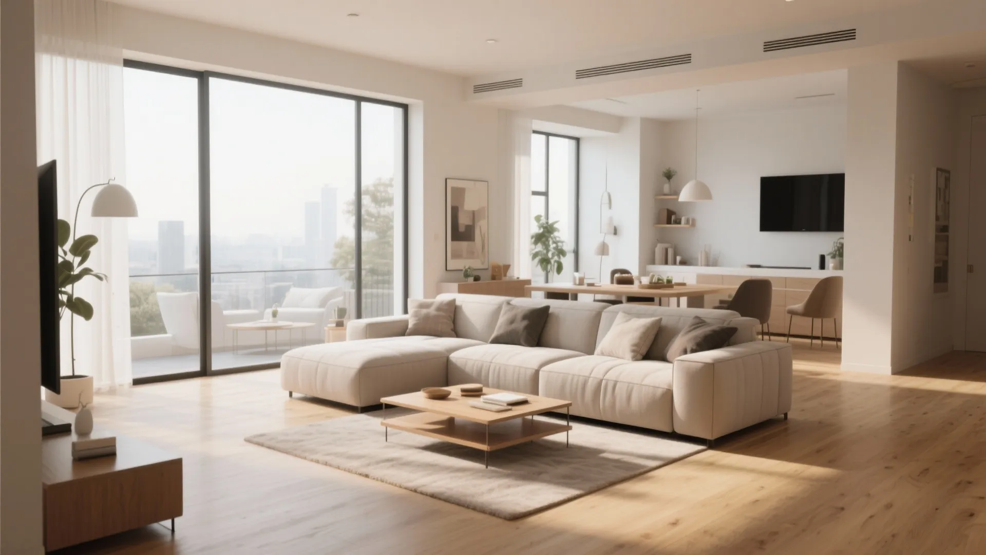 Modern open plan living room with white sofa wooden coffee table and large glass windows