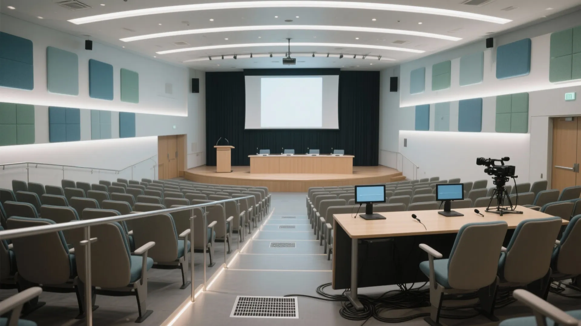 Large auditorium with rows of grey seats, wooden stage, white screen, and curved ceiling light
