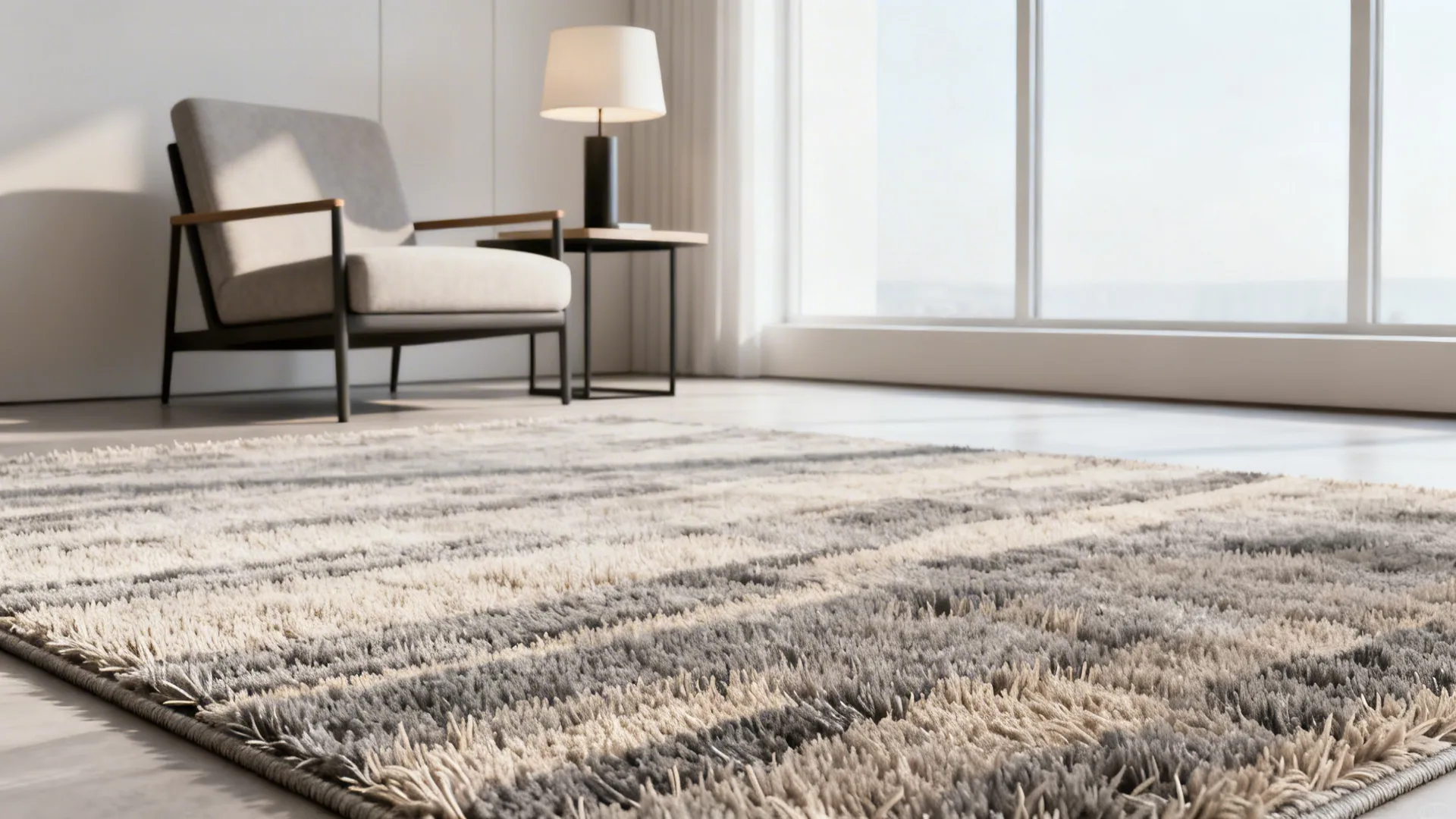 Modern seating nook with a streamlined shag rug and tonal pattern beneath an armchair