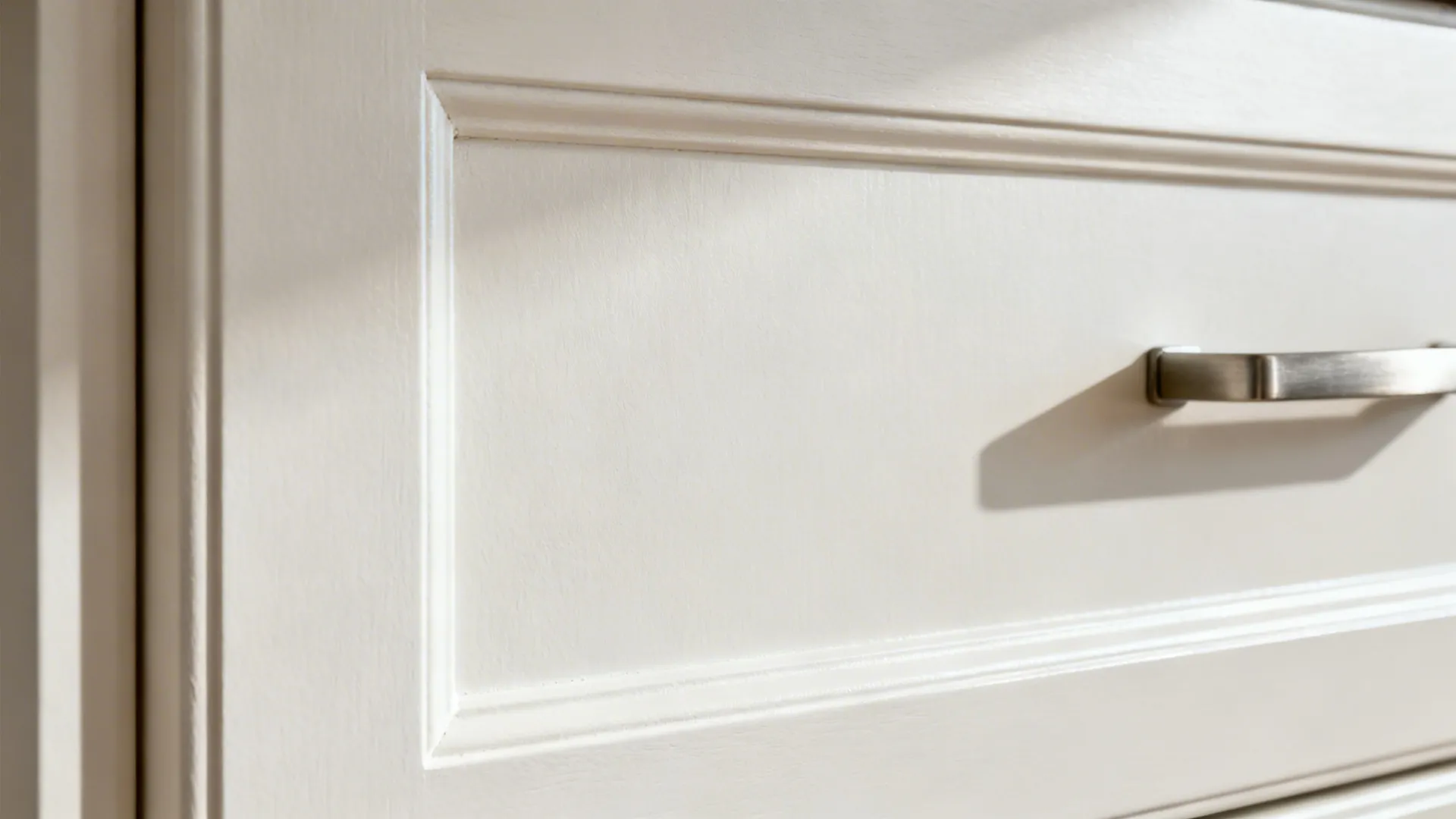 Macro view of a shallow-profile modern Shaker kitchen door in satin-painted MDF with crisp lines.