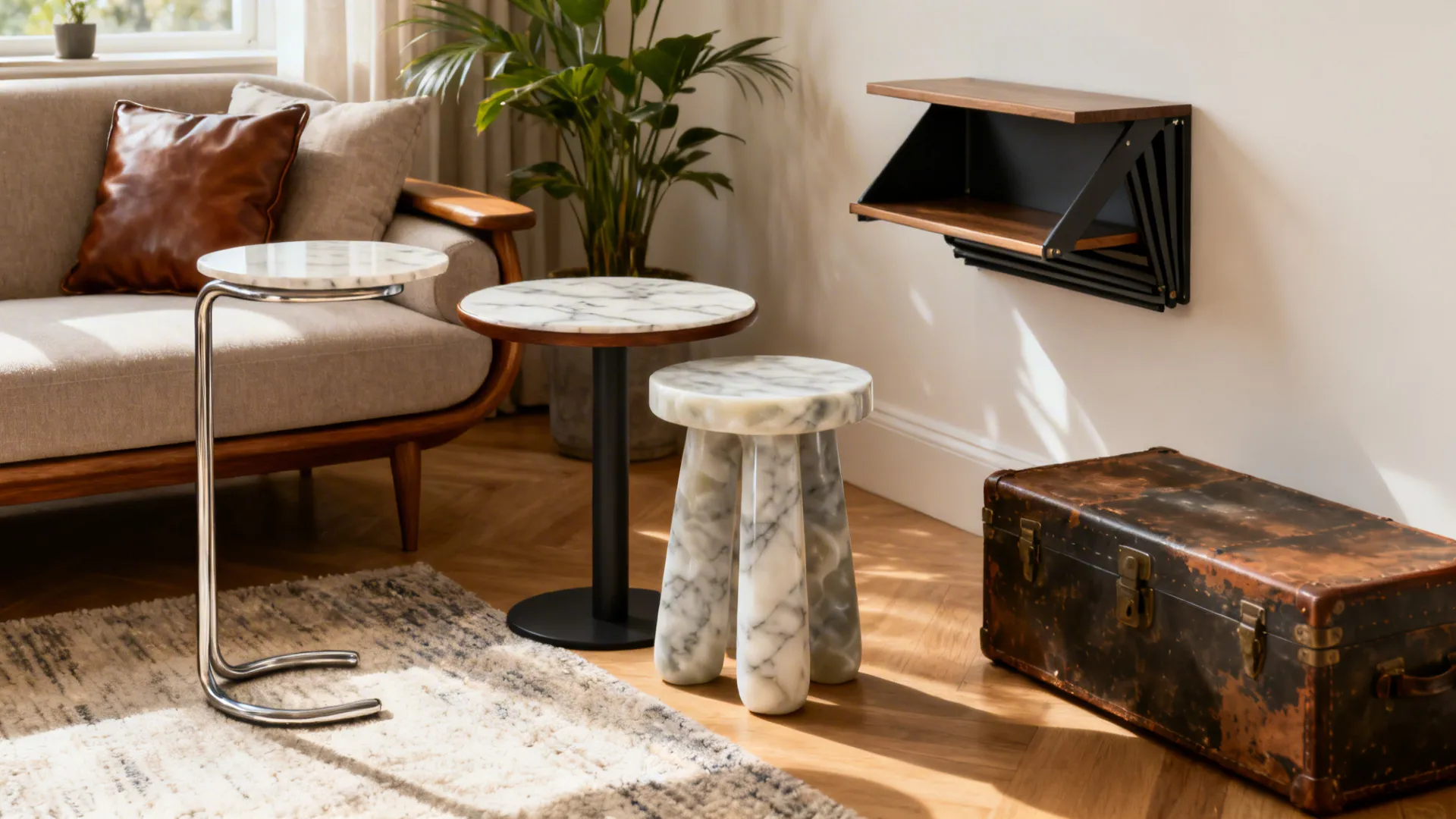 Three small marble side tables in a living room near a sofa and wood floor