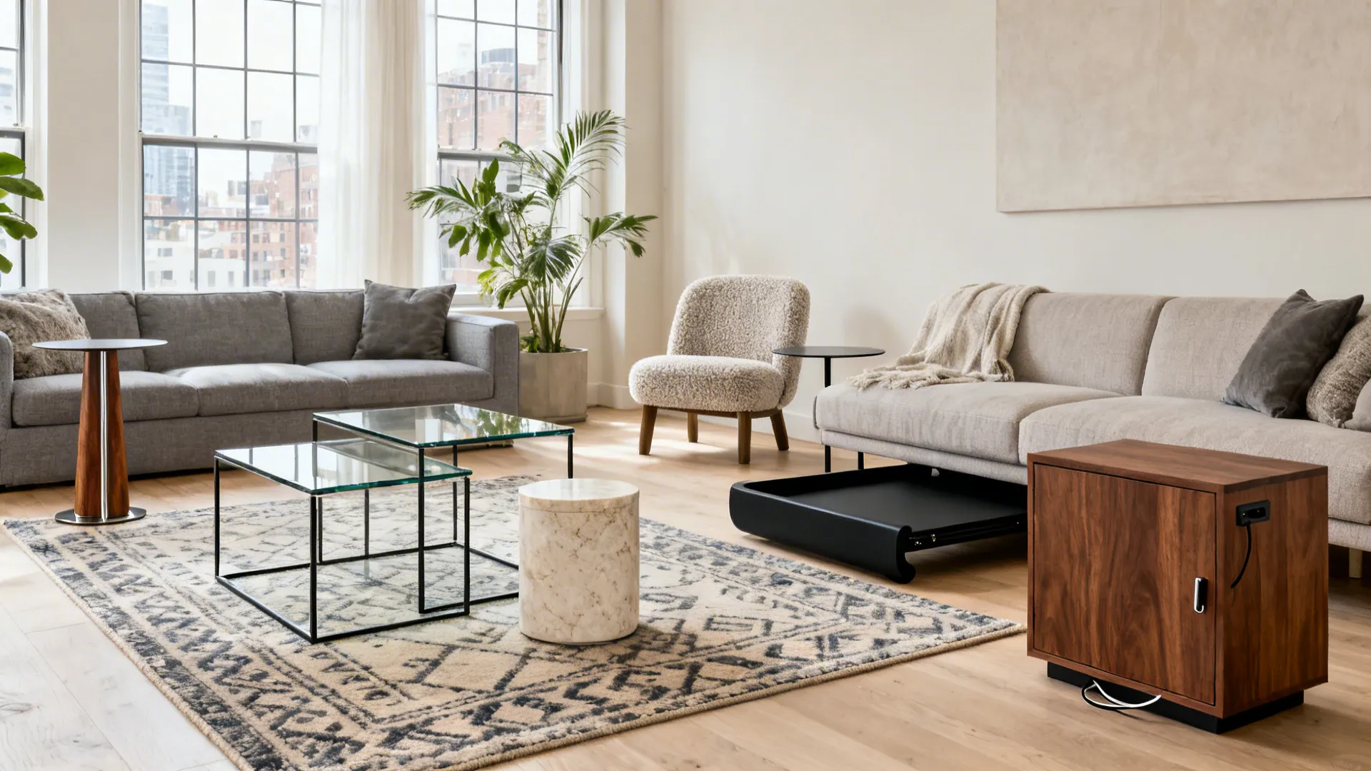 Spacious living room with grey sofa, glass coffee tables, patterned rug, plant, and wooden cabinet