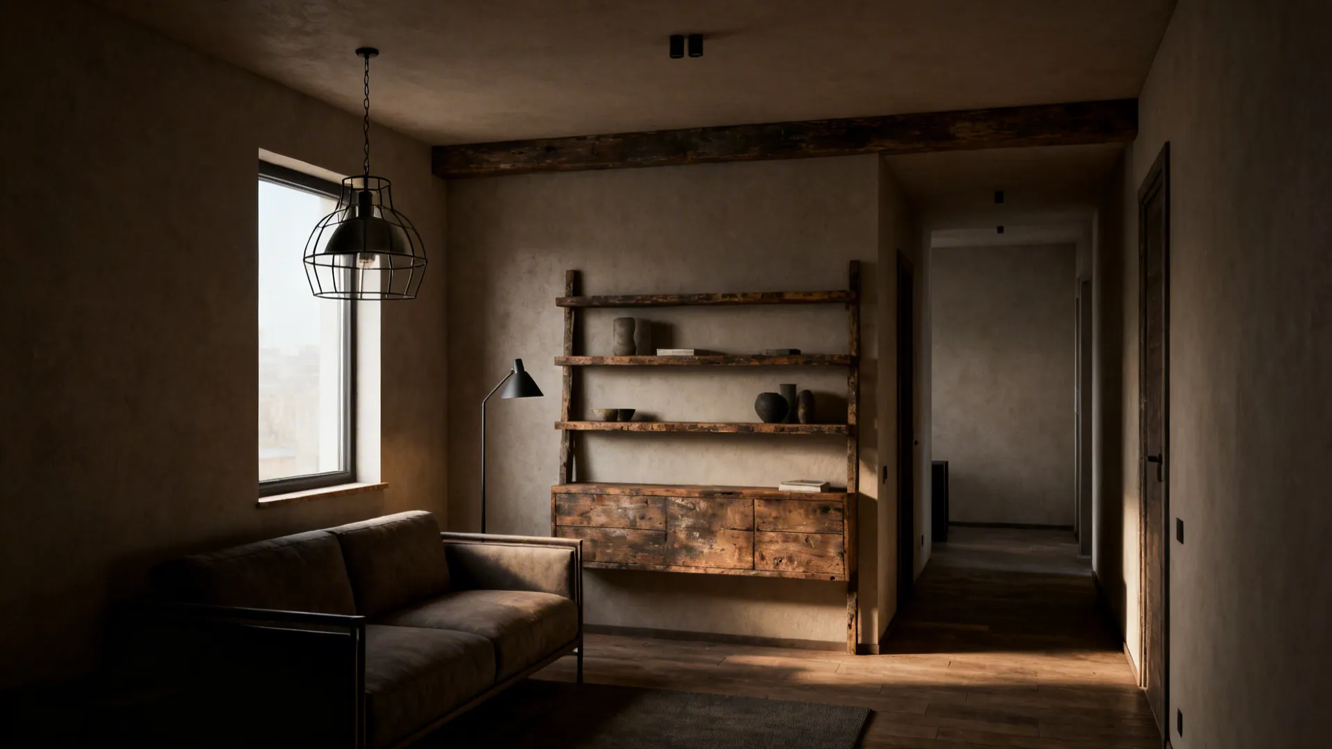 Compact living room mixing slim modern furniture with reclaimed-wood shelving and metal lighting