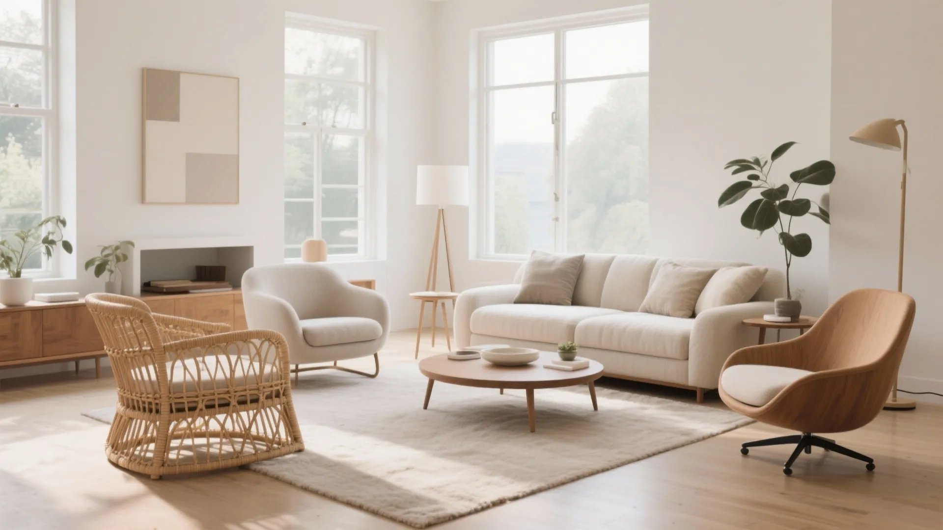Minimalist white living room with a sofa round coffee table wooden chair and bright windows