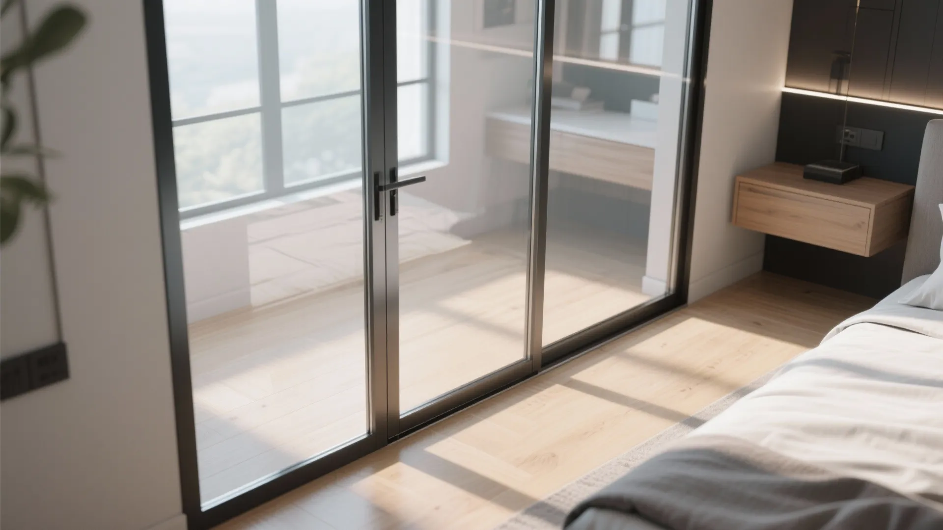 Modern bedroom featuring a large glass sliding door leading to a balcony with wooden floors