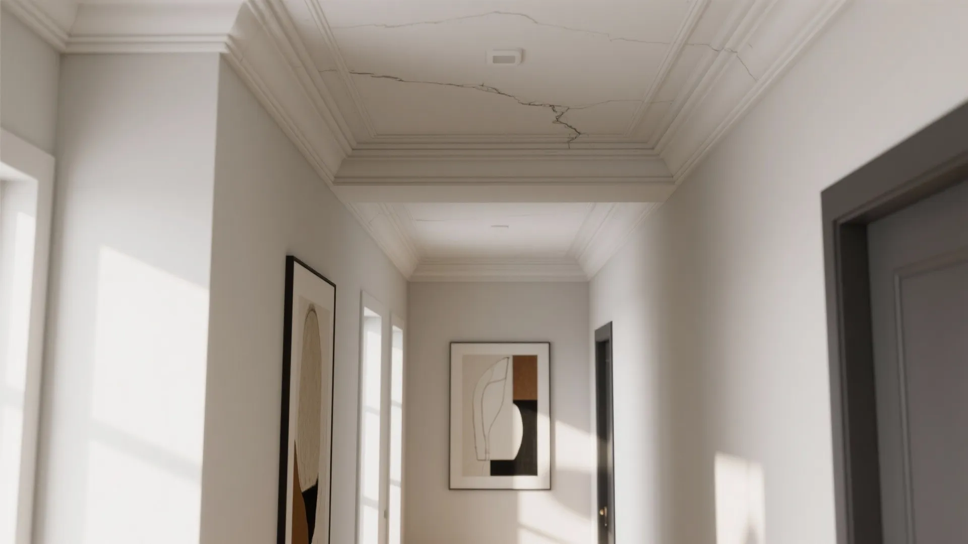 Bright white hallway featuring elegant ceiling decoration with framed art pieces on clean white walls