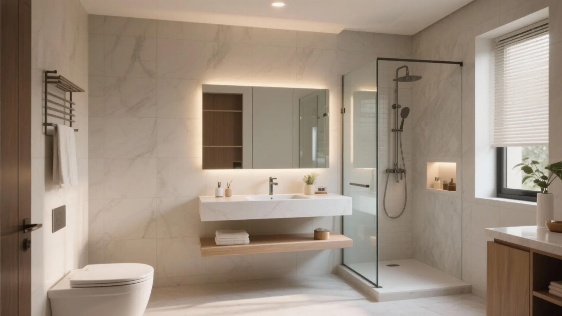 Bright modern bathroom with marble walls glass shower door white sink and lighted wall mirror