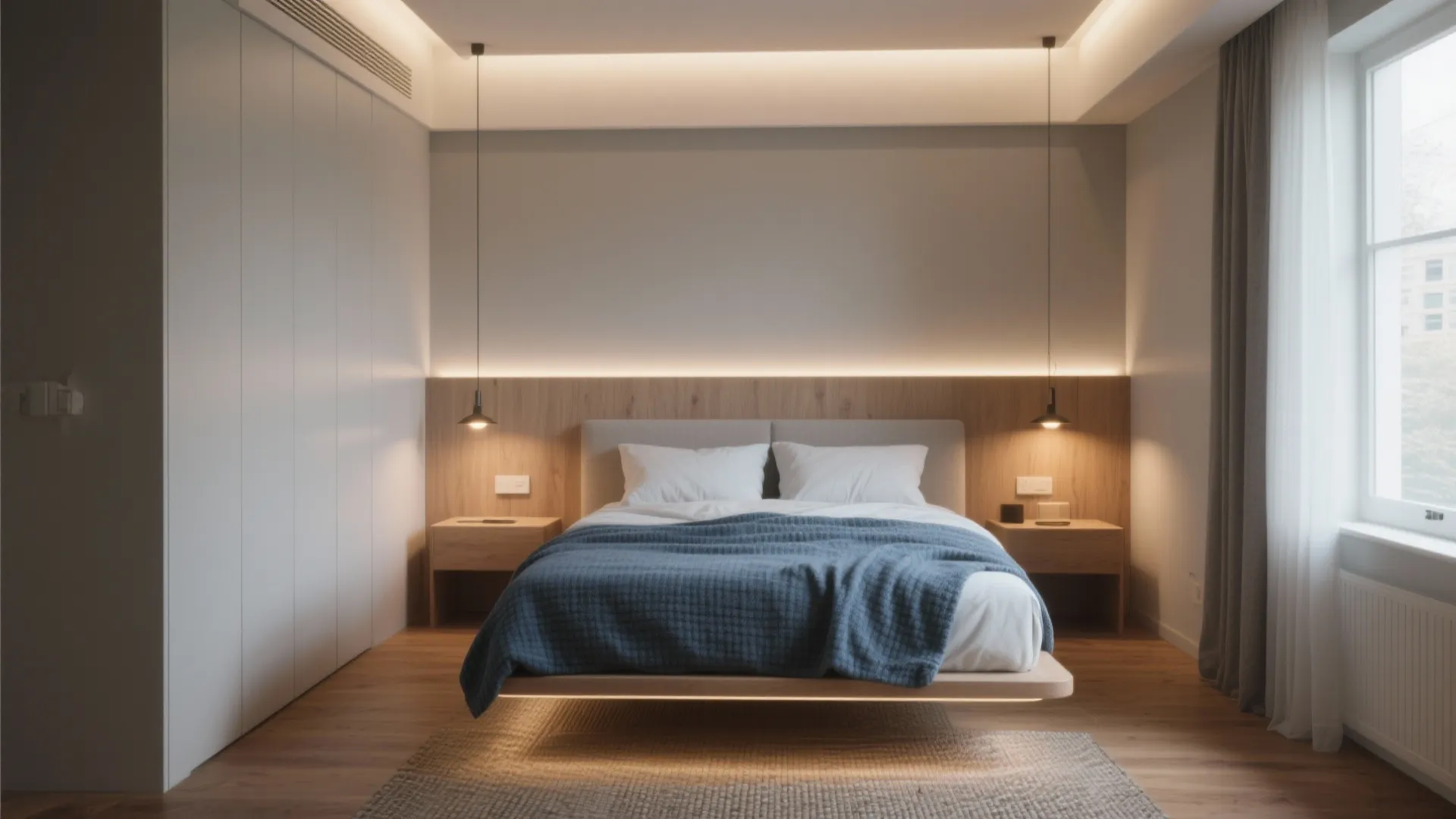 Modern bedroom with floating bed wooden wall panel warm hidden lighting and blue textured blanket