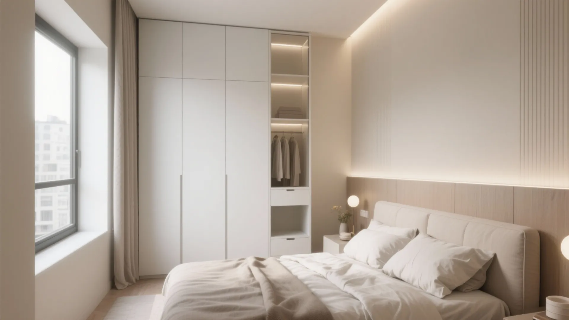 Modern white bedroom featuring floor to ceiling cabinet with lit shelves beside a comfortable bed