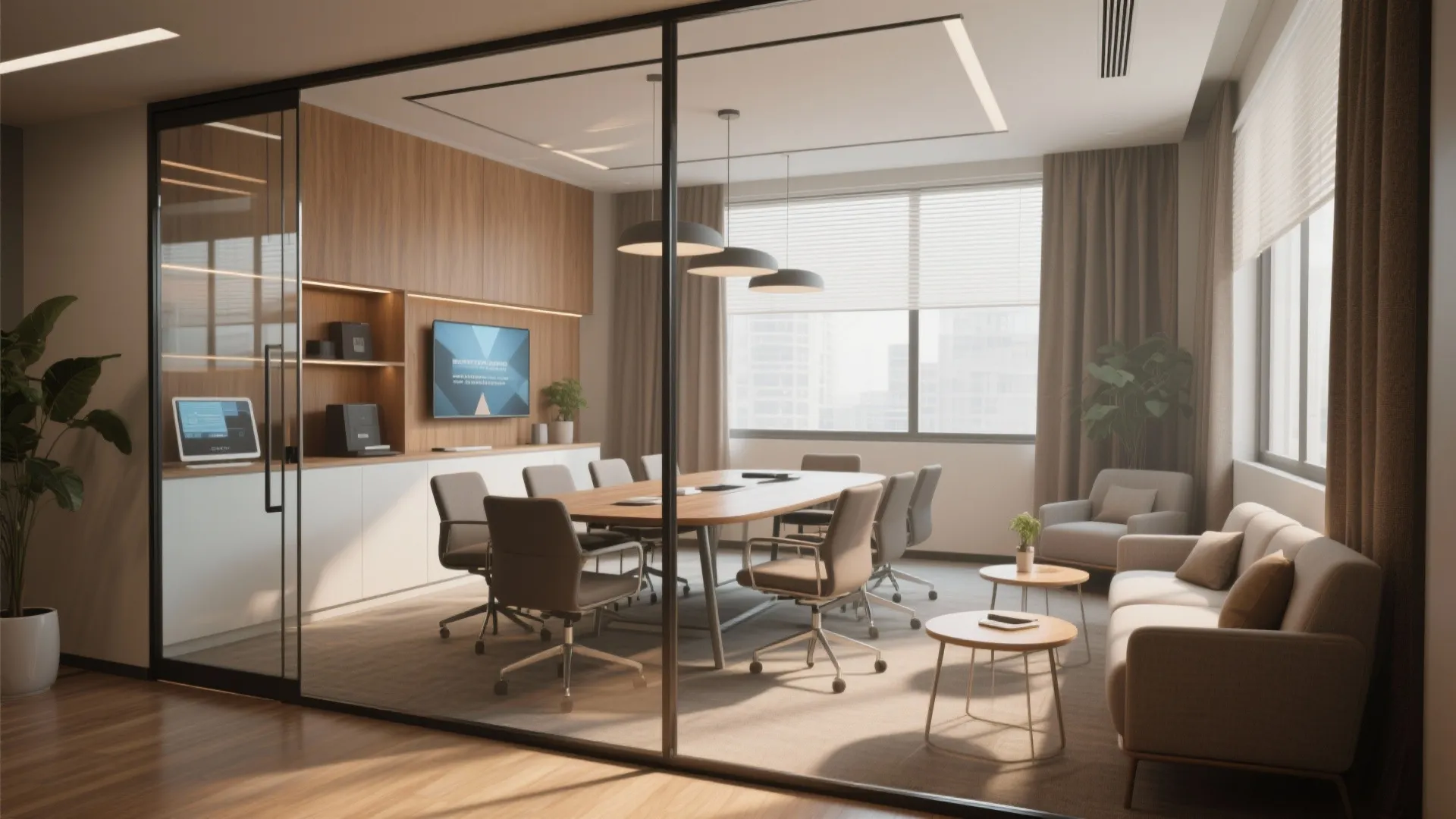 Small meeting room behind glass walls with wooden table, grey chairs, sofa, and wall television