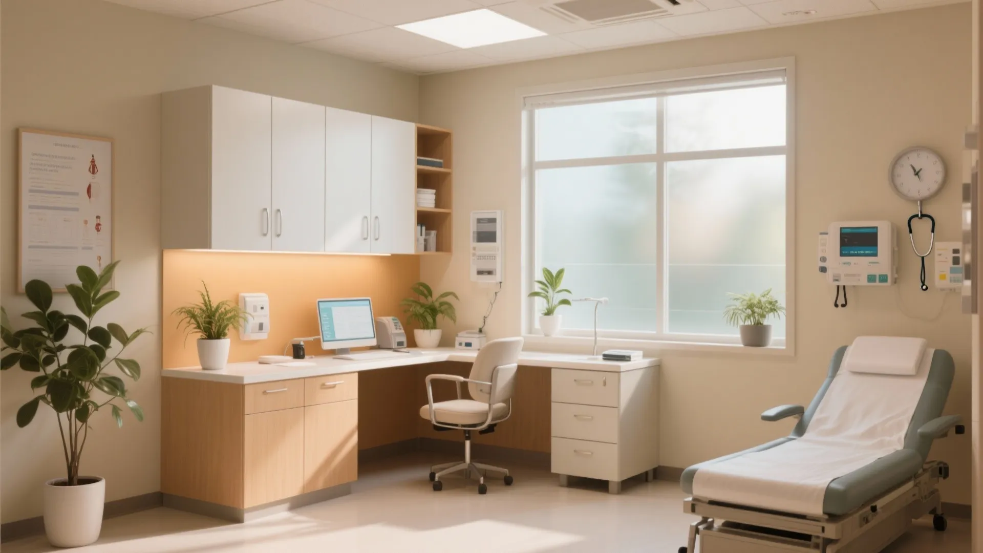 Clean doctor office interior with wooden desk white cabinets medical bed green plants and natural light