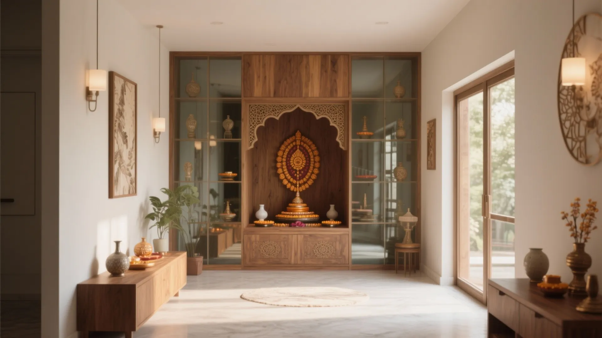 Modern prayer room with wood wall unit white marble floor glass doors and wall light fixtures