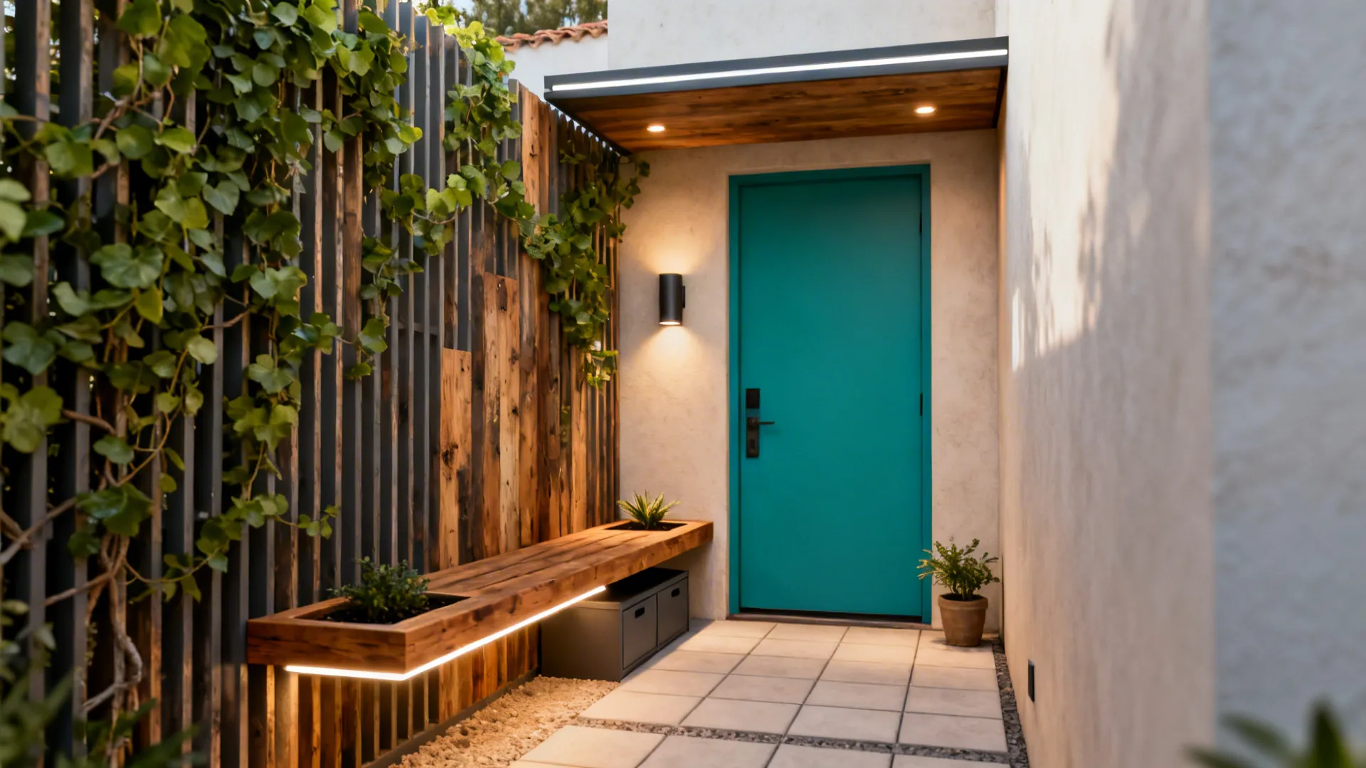Modern porch with teal front door, wooden bench, built-in planters, wall lights, and stone floor