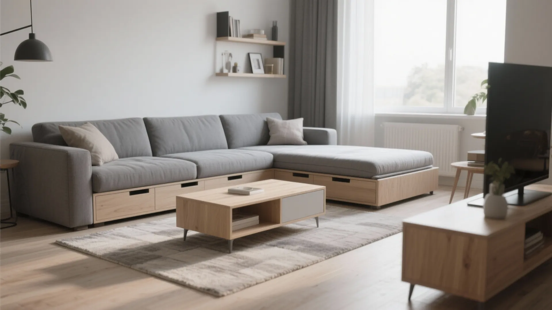 Modern grey sofa with wooden storage base near coffee table and television in living room
