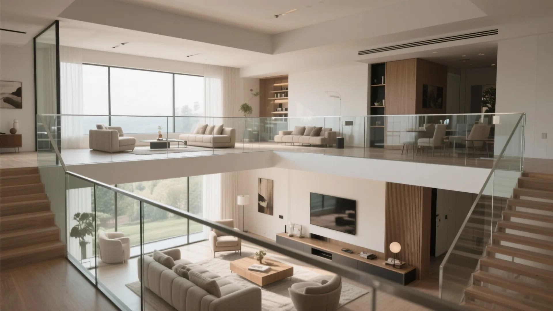 Large living room with glass railings on mezzanine, cream sofas, wooden stairs, and tall windows