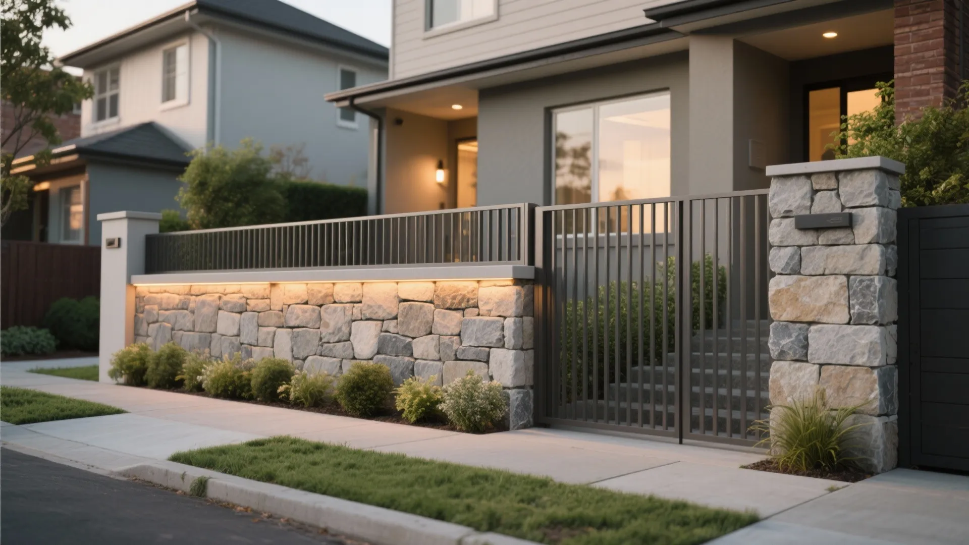 Modern house exterior featuring a grey stone wall with built in lights and metal gate
