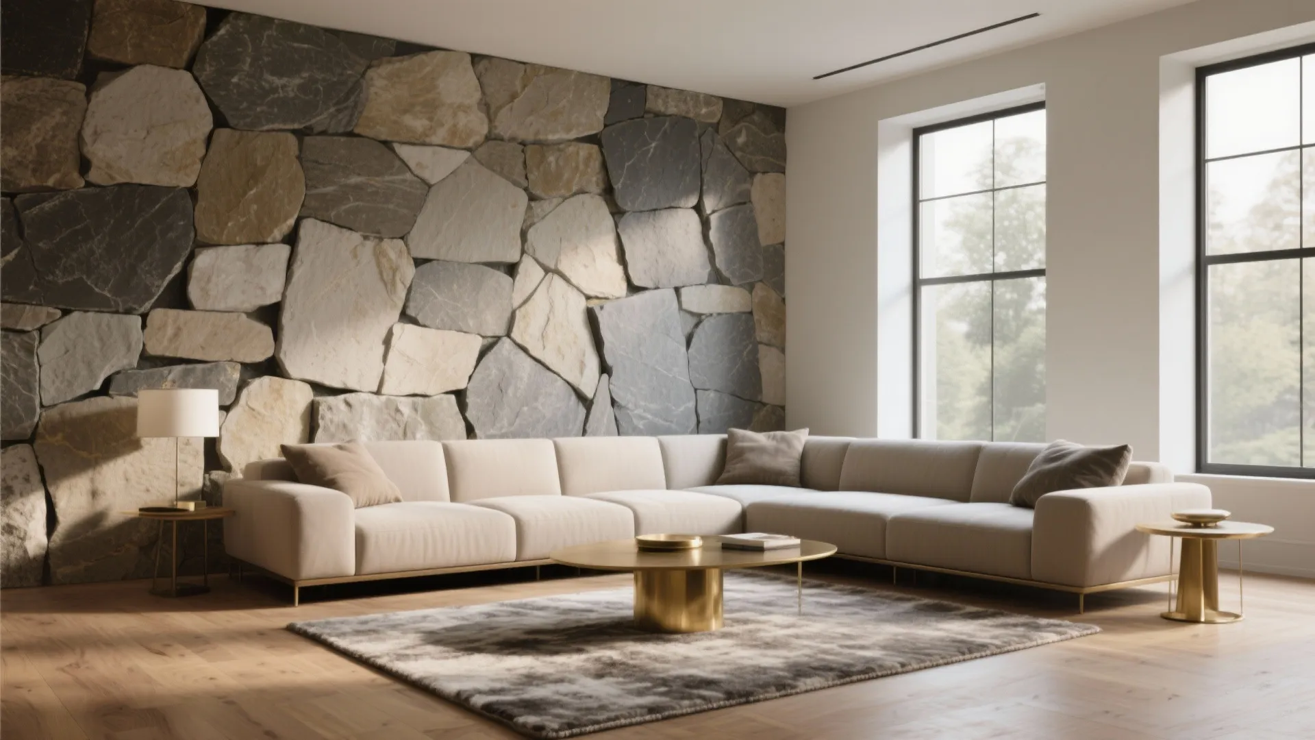 Modern living room featuring a large stone wall with cream sofa and gold coffee table
