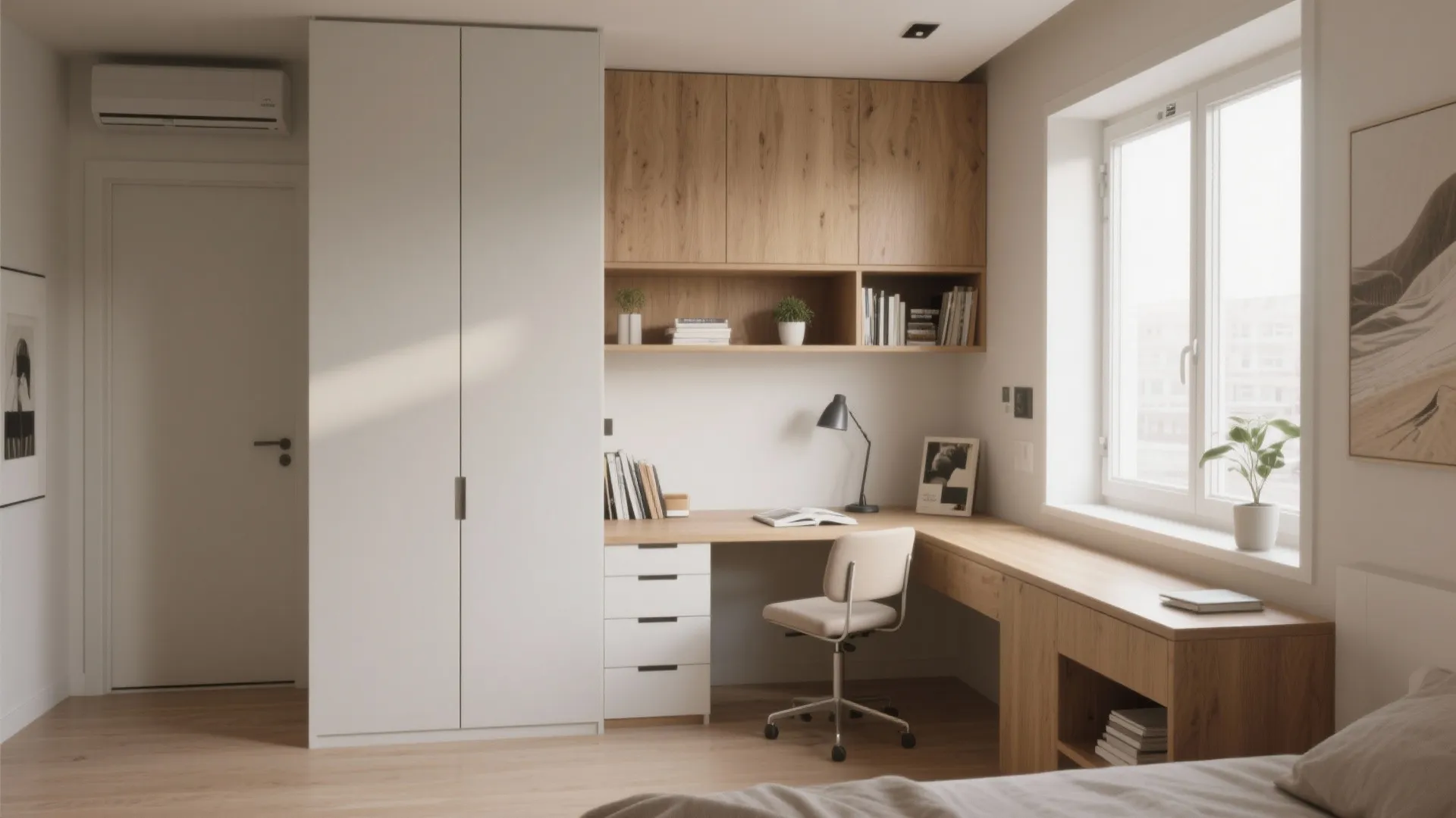 Modern bedroom study area with white wardrobe wooden desk chair and window with natural light