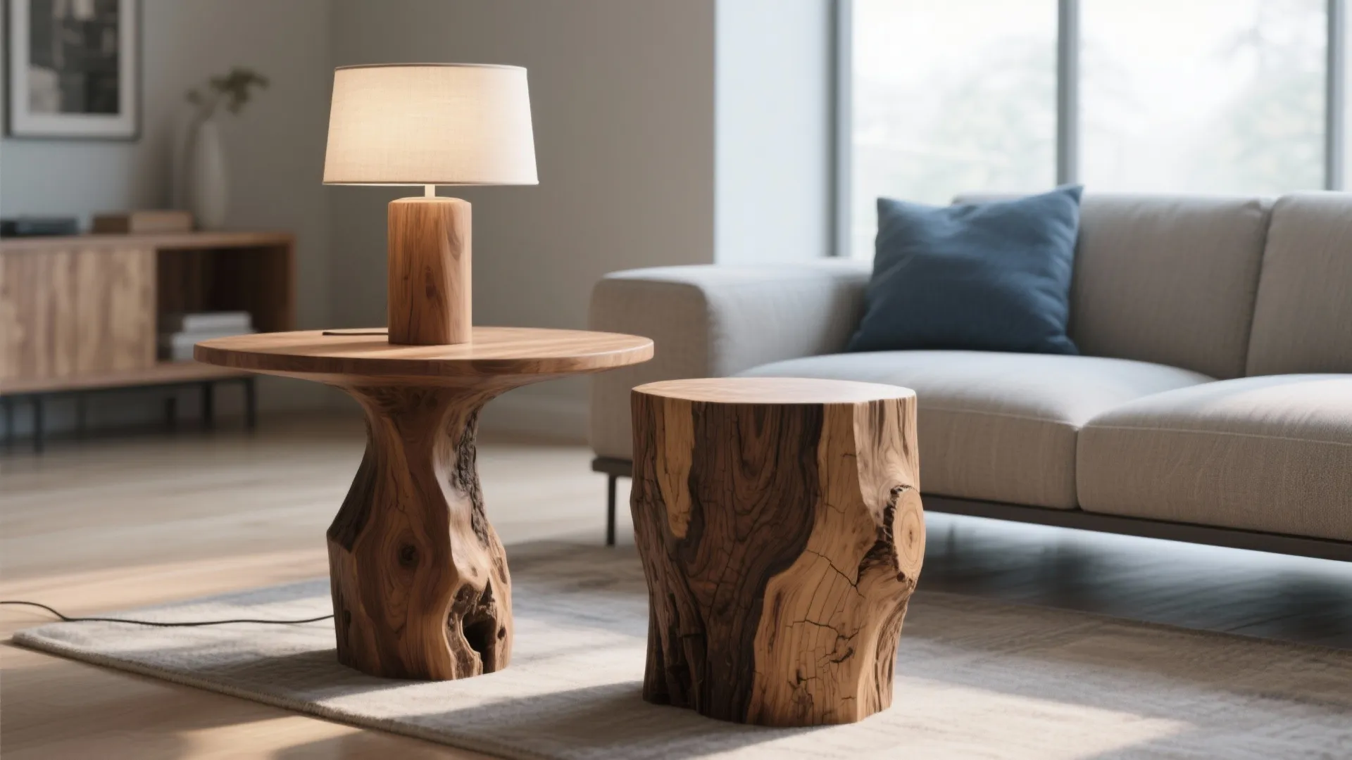Two natural wood stump tables with a lamp in living room with sofa and rug