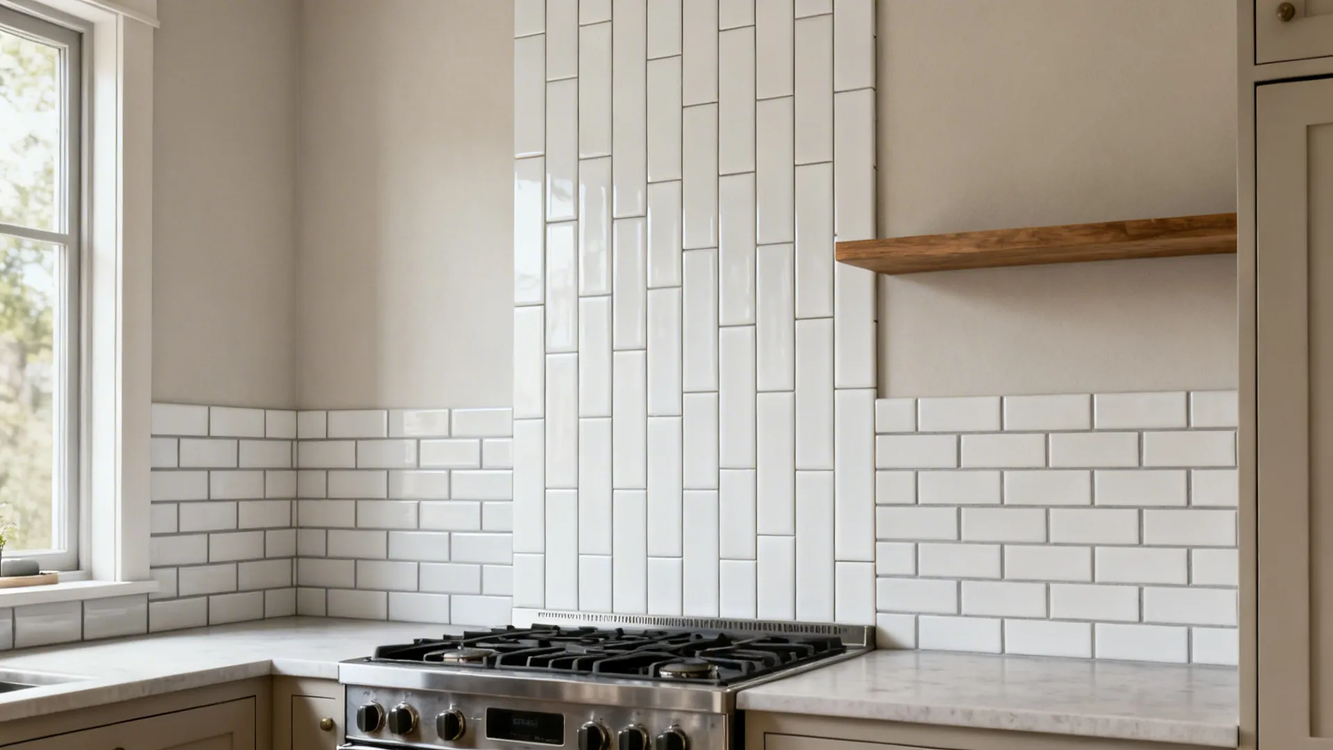 Elongated matte subway tiles in a vertical stack behind the range with light gray grout.