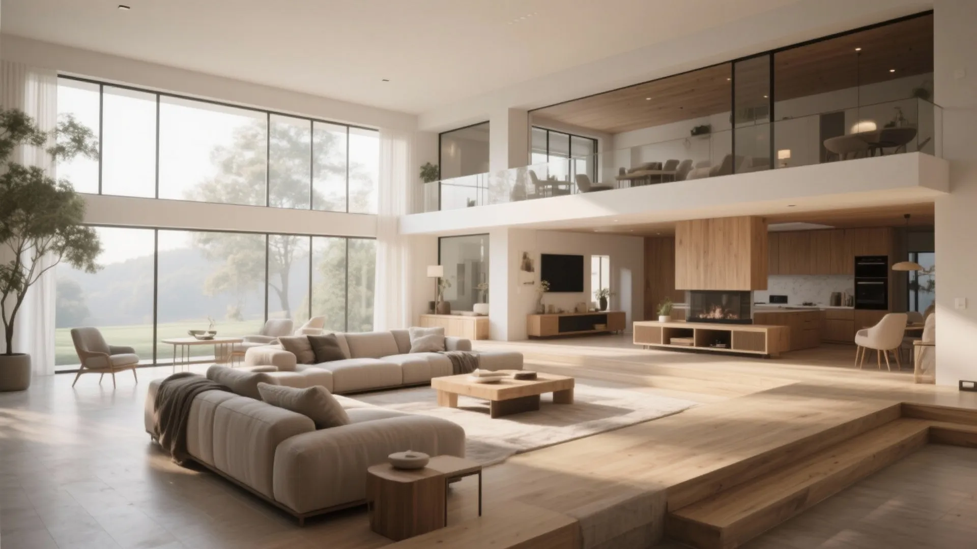 Spacious open plan living room with large windows wooden furniture beige sofas and a mezzanine