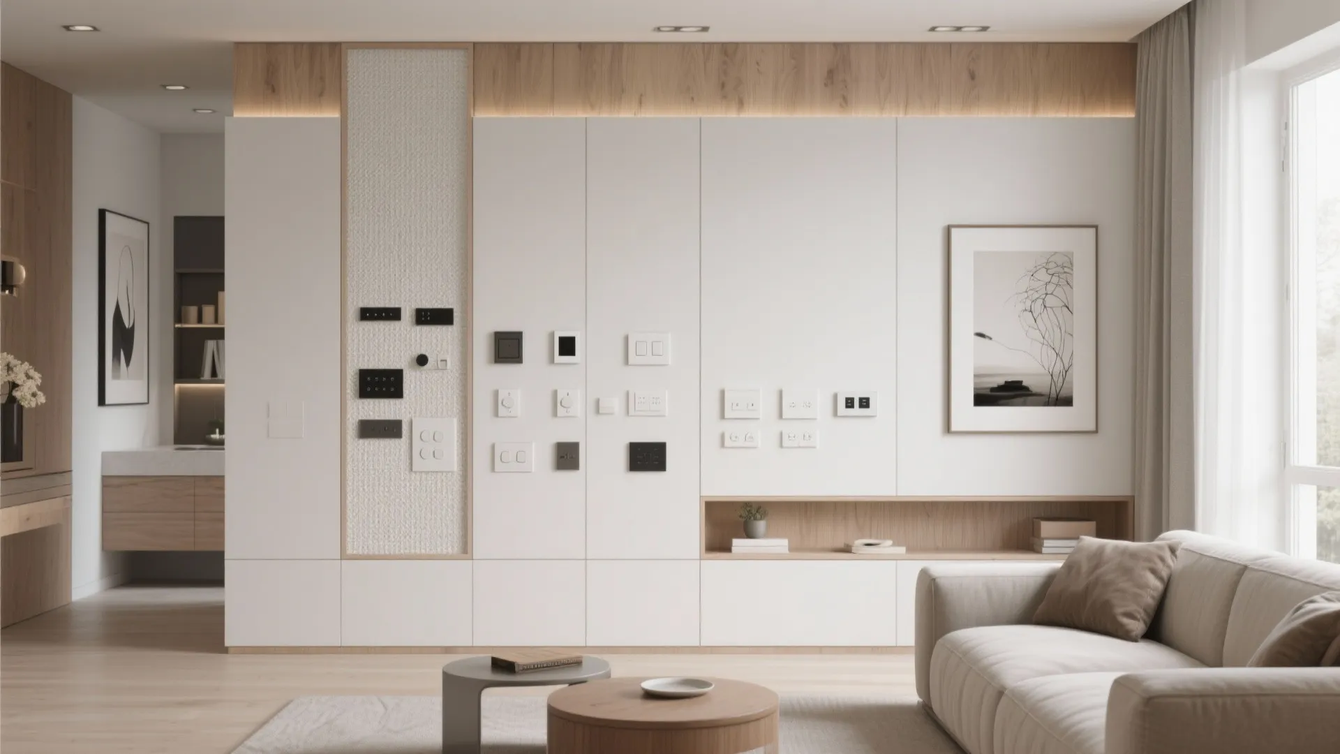 Modern white living room wall showing many different light switches and control panels for home