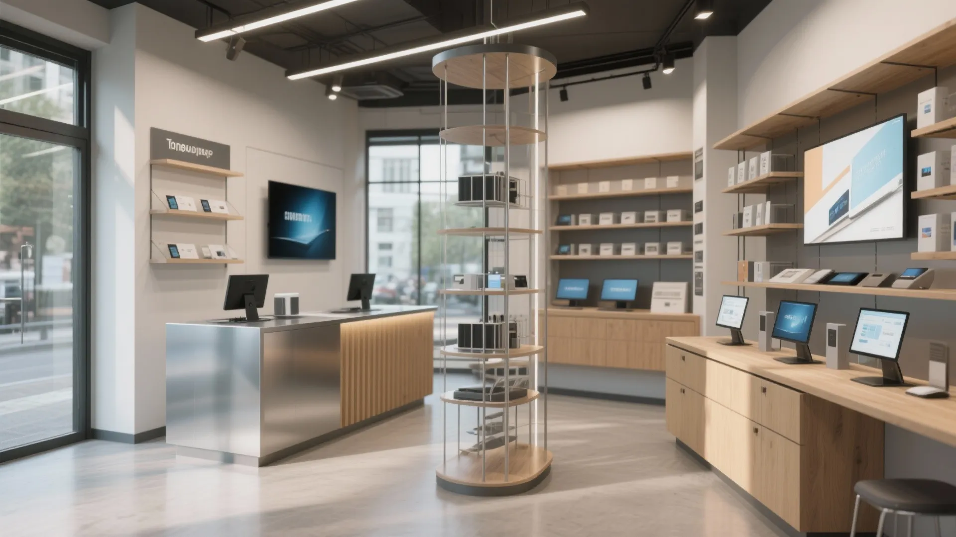 Modern electronics store with wood shelves metal service counter tall round display rack and ceiling lights