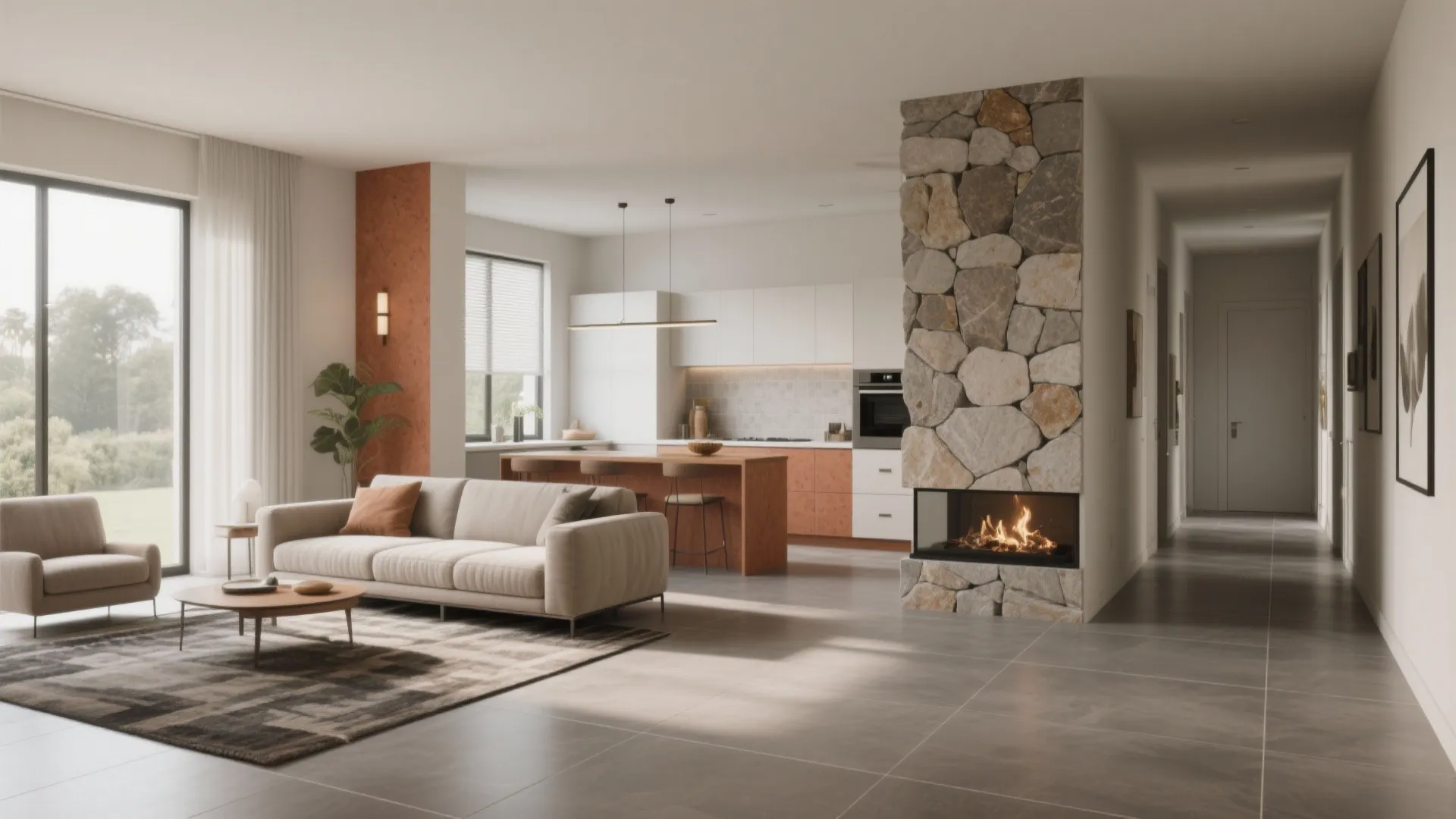 Modern open living room with cream sofa stone fireplace wooden kitchen island and grey floor tiles