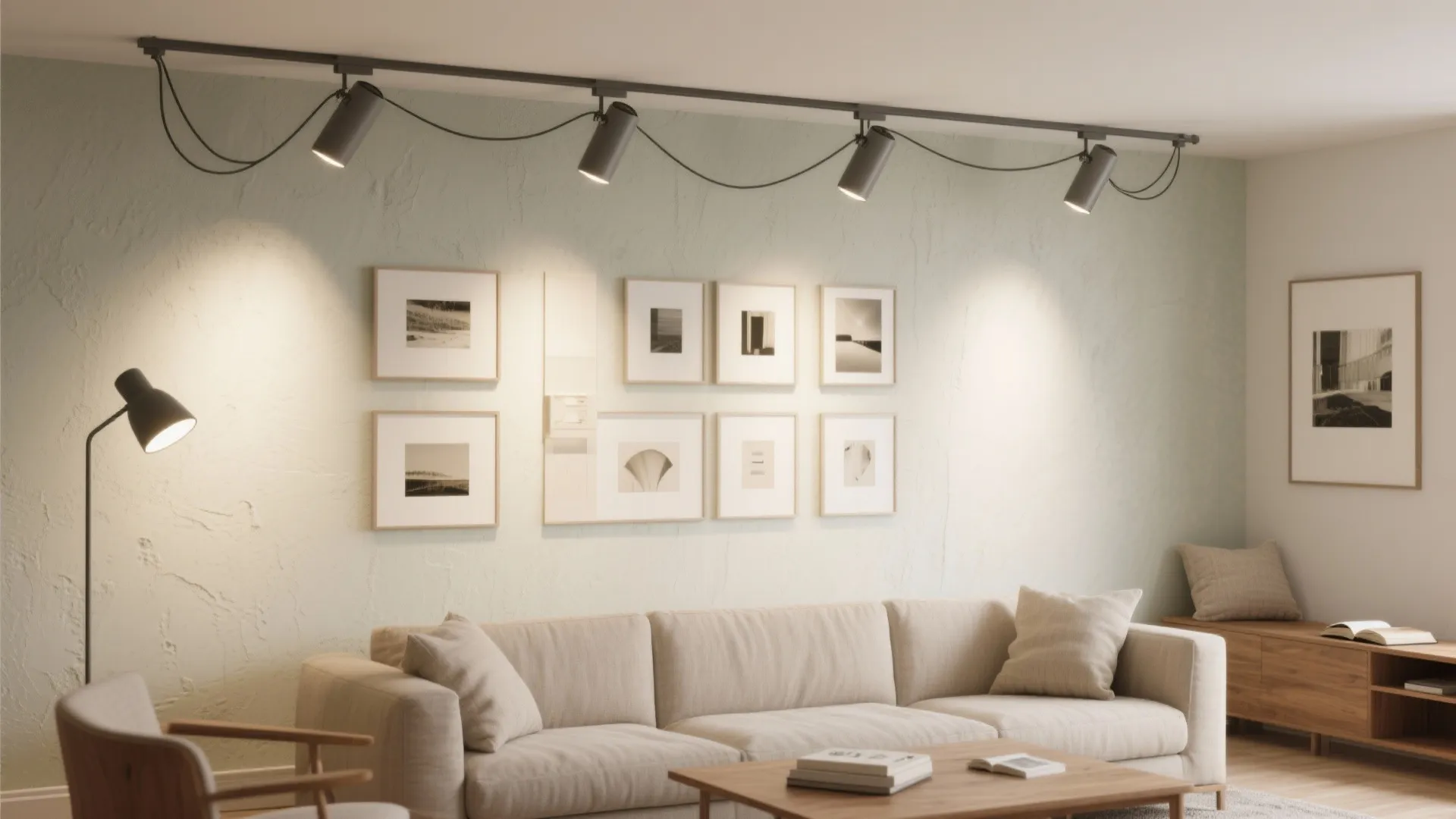 Modern living room featuring black track ceiling light over beige sofa with framed wall pictures